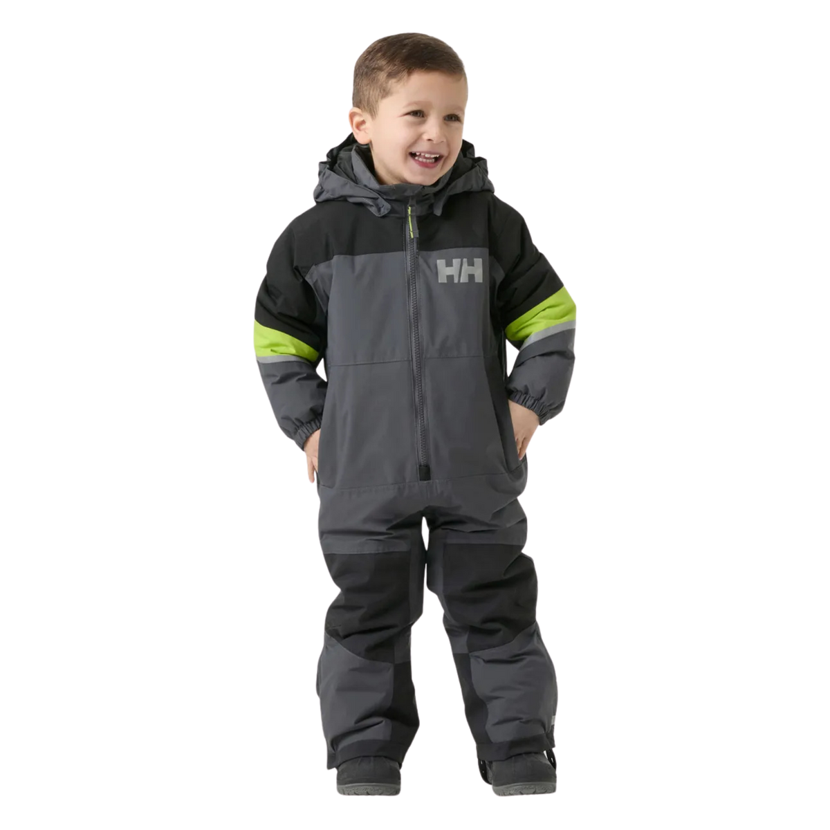 Front view of Helly Hansen Kids Rider 3.0 Snowsuit in Thunder Grey with waterproof 2-layer HELLY TECH Performance and 133g PrimaLoft insulation