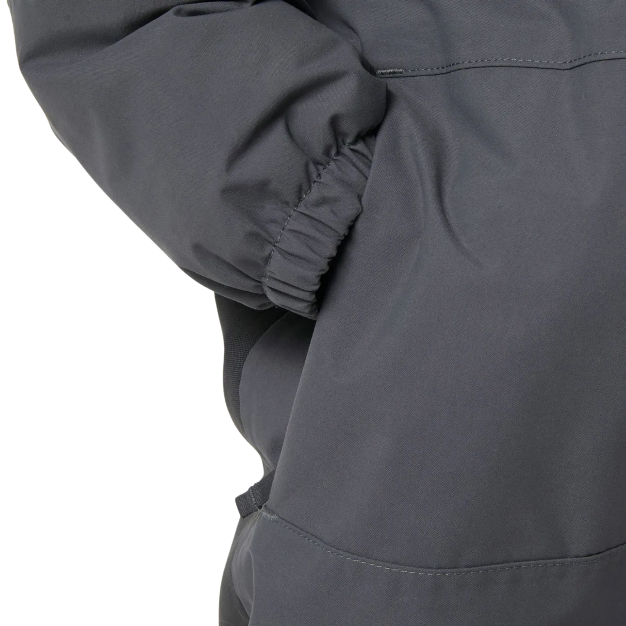 Helly Hansen Kids Rider 3.0 Snowsuit in Thunder Grey with secure zippered hand pocket and soft fleece lining for warmth and comfortable storage