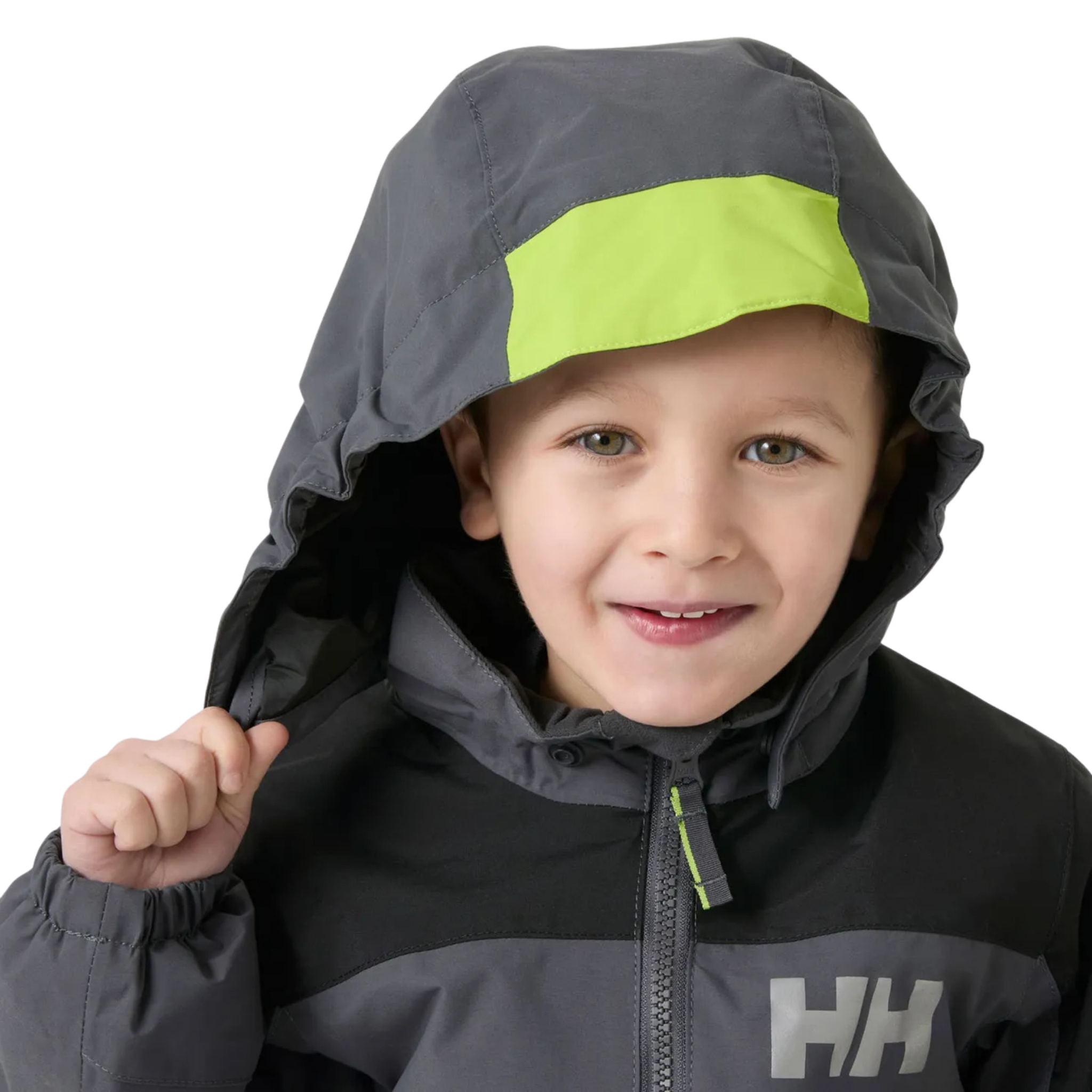 Helly Hansen Kids Rider 3.0 Snowsuit in Thunder Grey with adjustable detachable hood and neon brim for added visibility in winter conditions