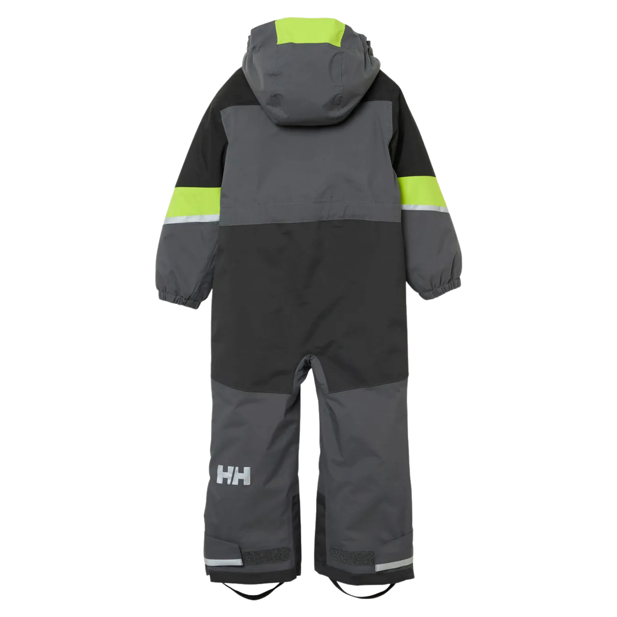 Rear view of Helly Hansen Kids Rider 3.0 Snowsuit in Thunder Grey with reinforced no-back-seam seat construction for added waterproofness and durability