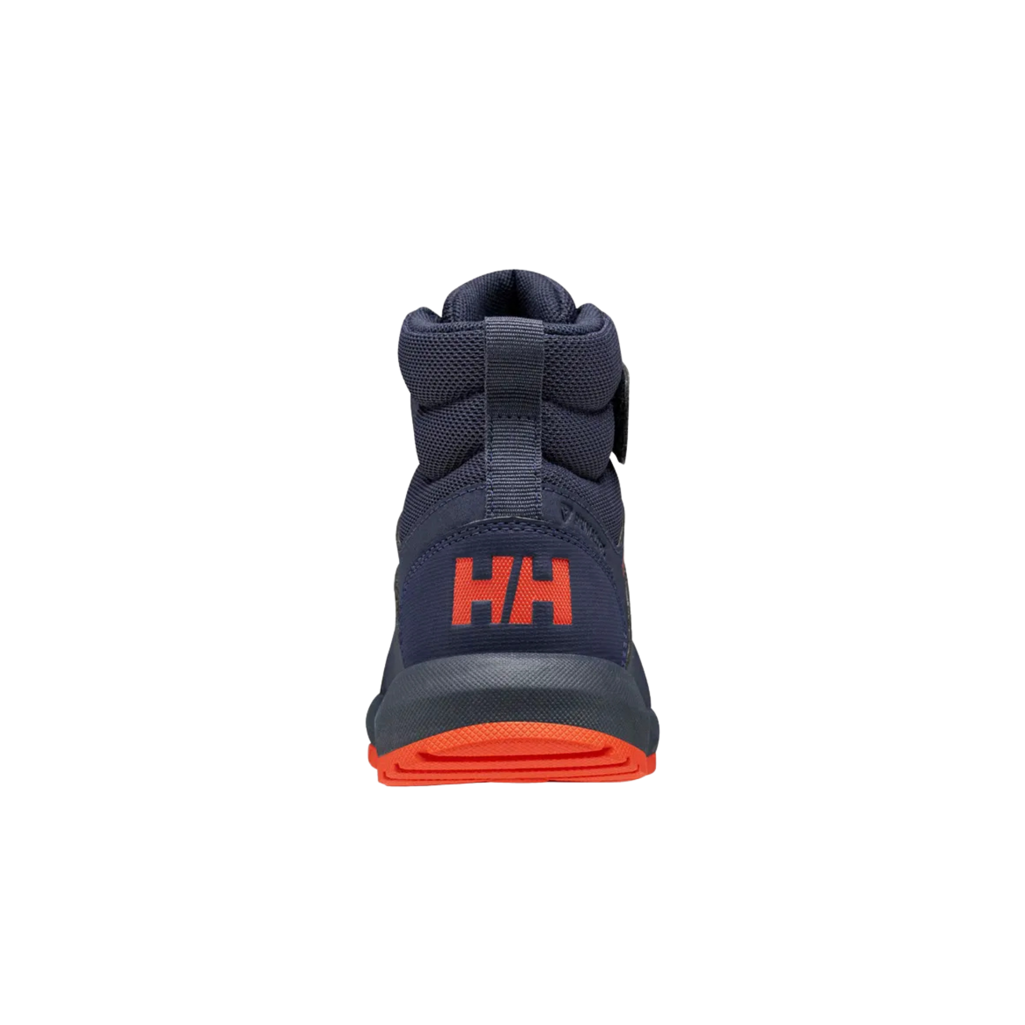 Rear view of Helly Hansen Kids Shelter Boots HT in Navy / Cherry Tomato with reinforced heel, padded comfort collar and recycled materials