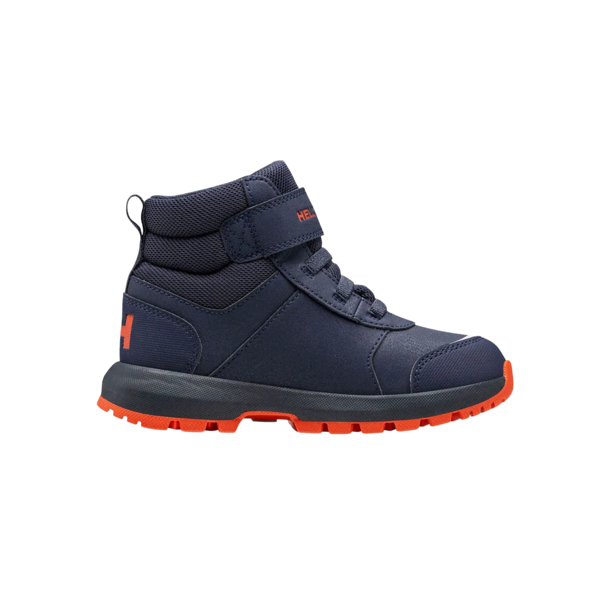 Side view of Helly Hansen Kids Shelter Boots HT in Navy / Cherry Tomato with HELLY TECH waterproofing, HH Pro Guard and 200g PrimaLoft insulation