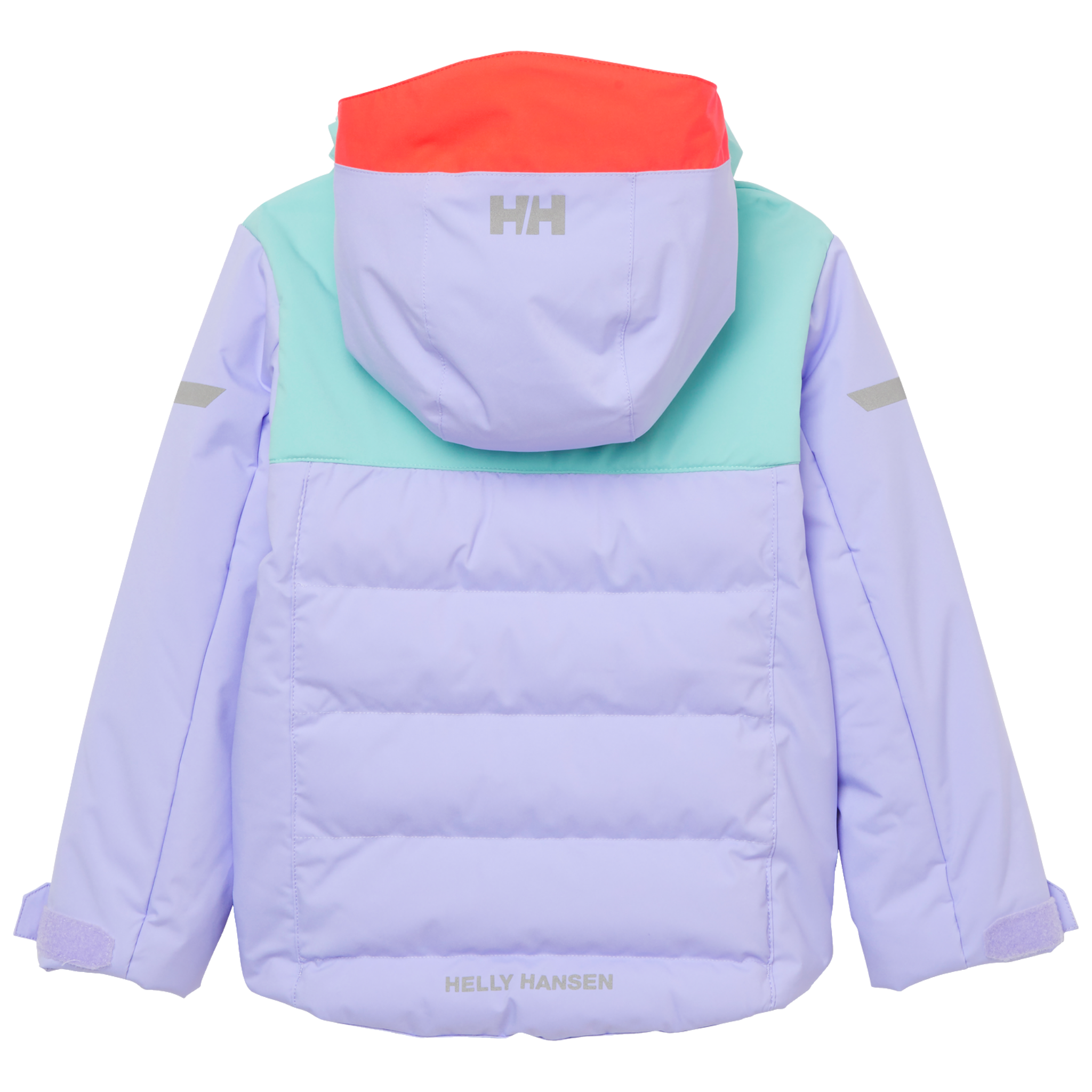 Rear view of Helly Hansen Kids Vertical Insulated Jacket in Bright Lavender with water-resistant exterior, insulated baffle construction and reflective details