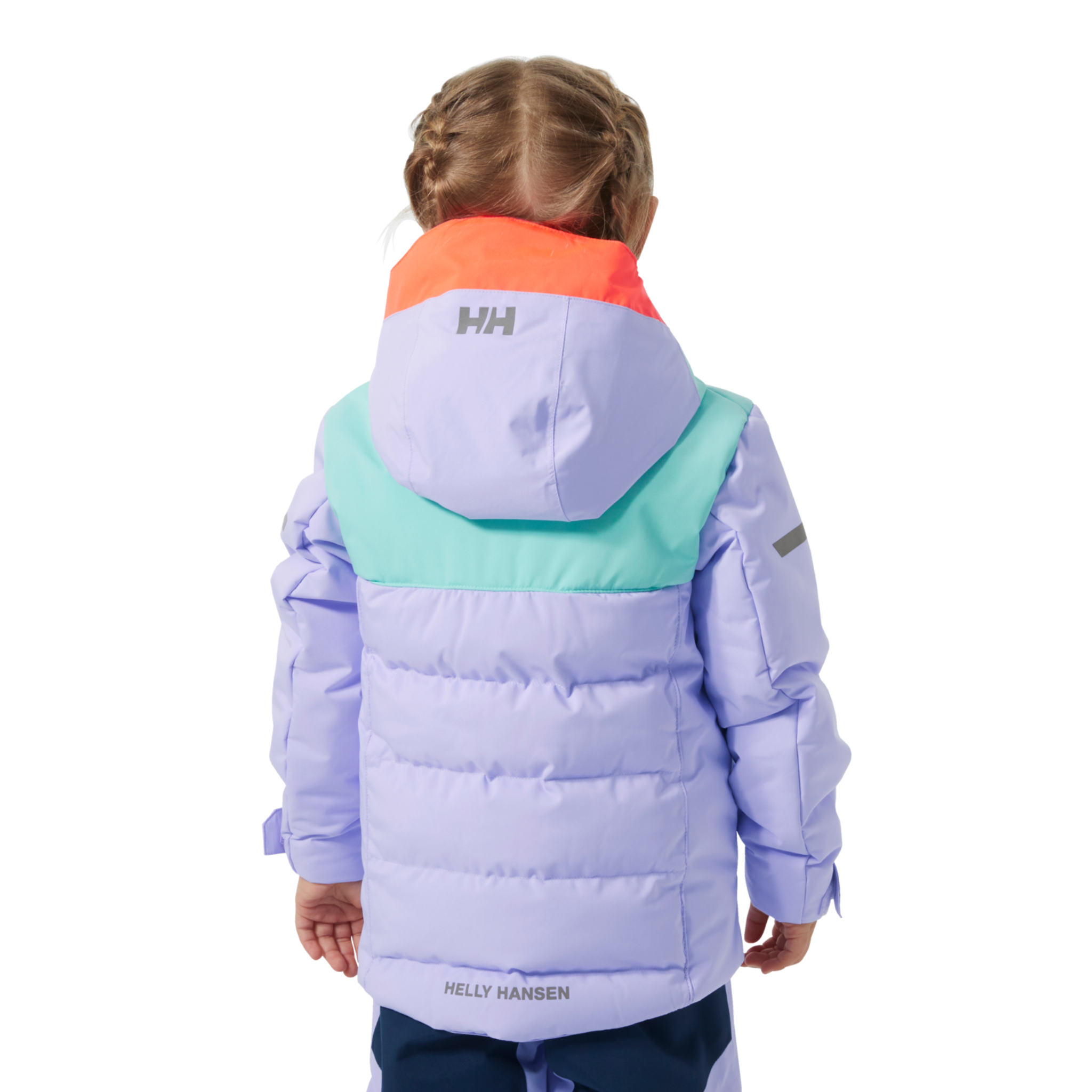 Rear view of Helly Hansen Kids Vertical Insulated Jacket with water-resistant exterior, insulated baffle construction and reflective details
