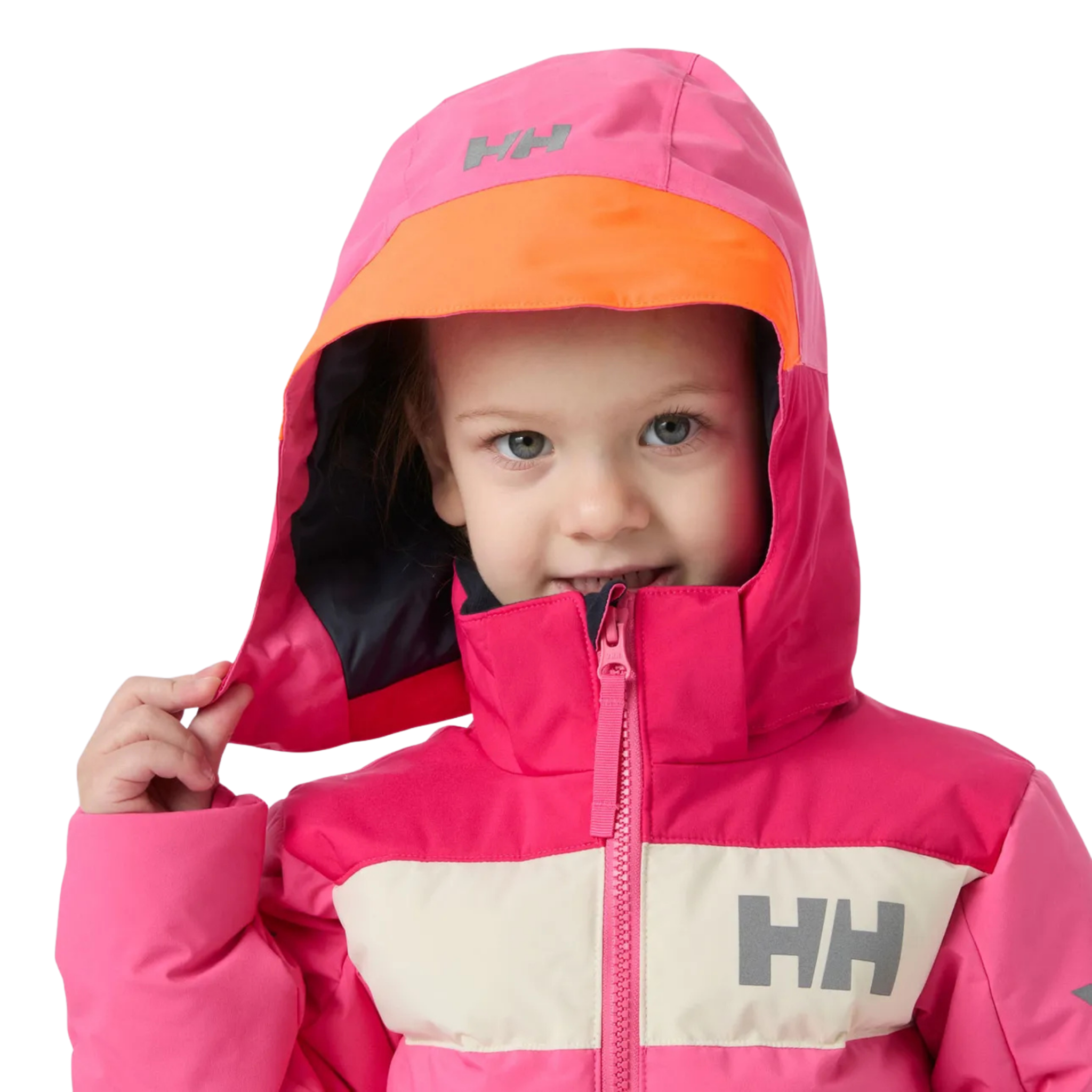 Helly Hansen Kids Vertical Insulated Jacket in Hot Pink with adjustable detachable hood and neon brim for added visibility on the mountain