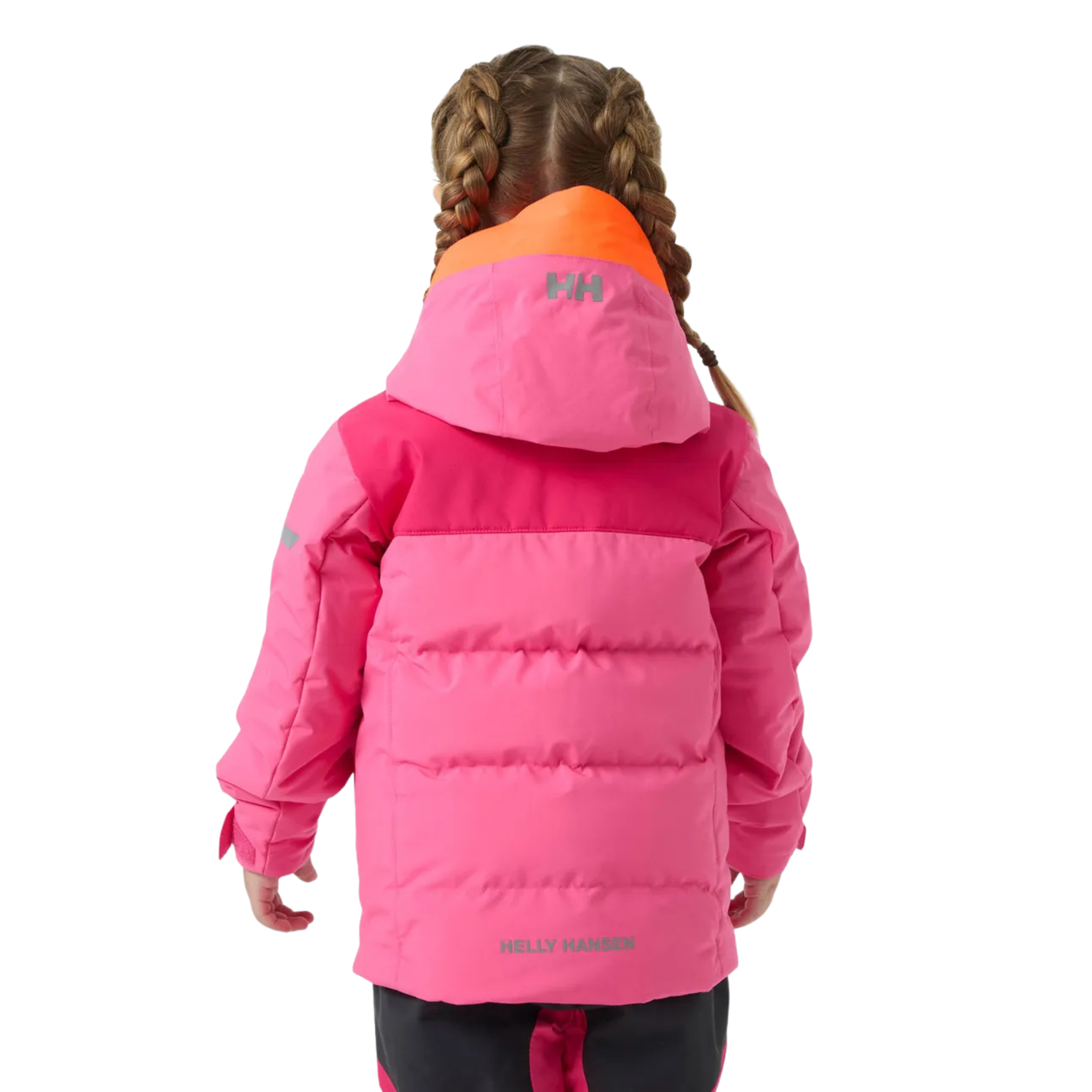 Rear view of Helly Hansen Kids Vertical Insulated Jacket with water-resistant exterior, insulated baffle construction and reflective details