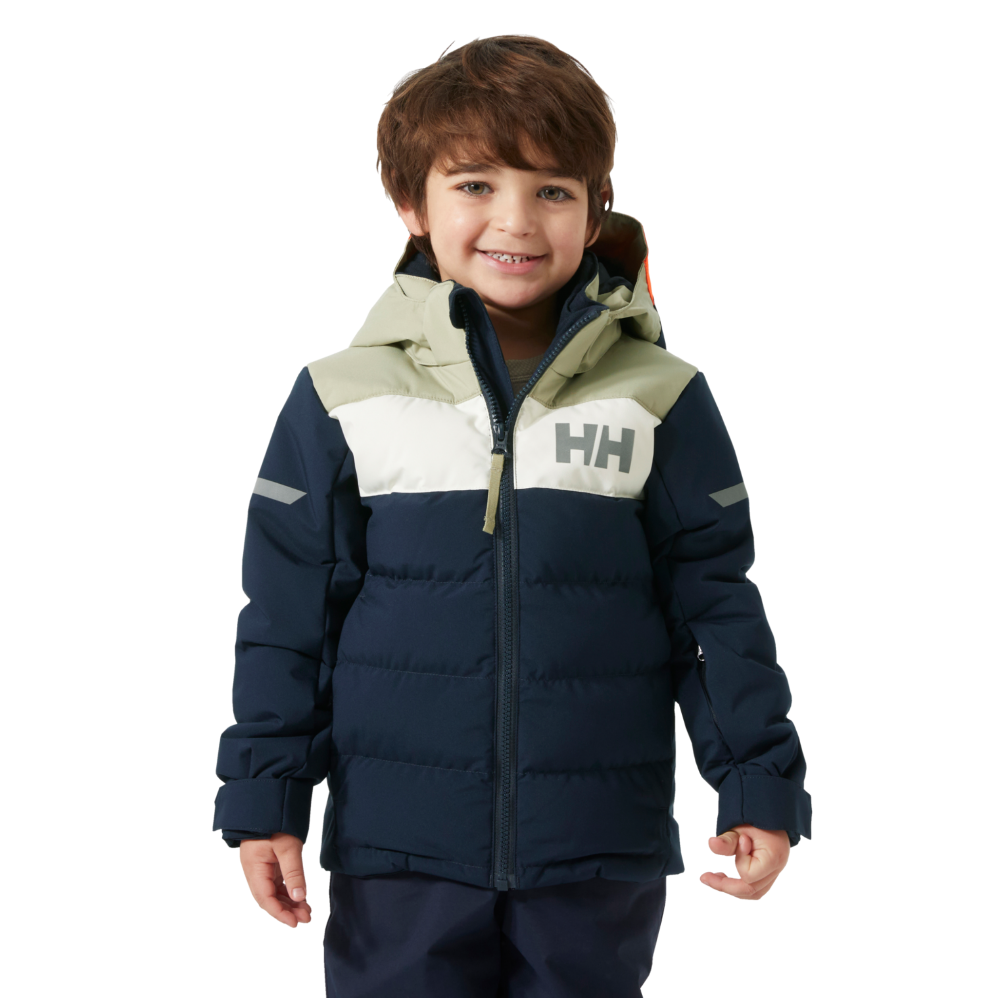 Front view of Helly Hansen Kids Vertical Insulated Jacket in Navy with 170g PrimaLoft insulation, YKK VISLON zipper and adjustable hood