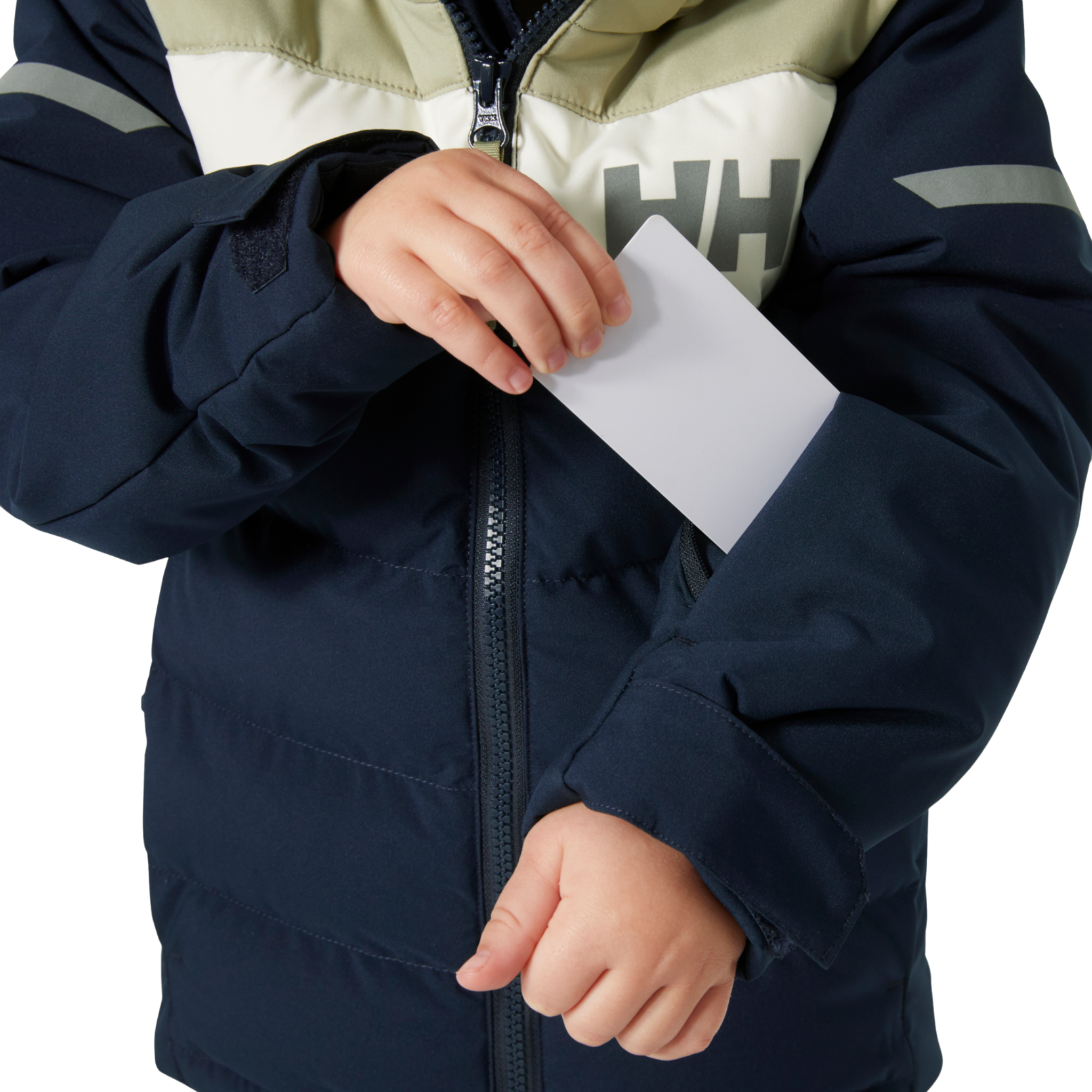 Helly Hansen Kids Vertical Insulated Jacket in Navy ski-pass pocket detail for convenient lift access during ski and snowboard days