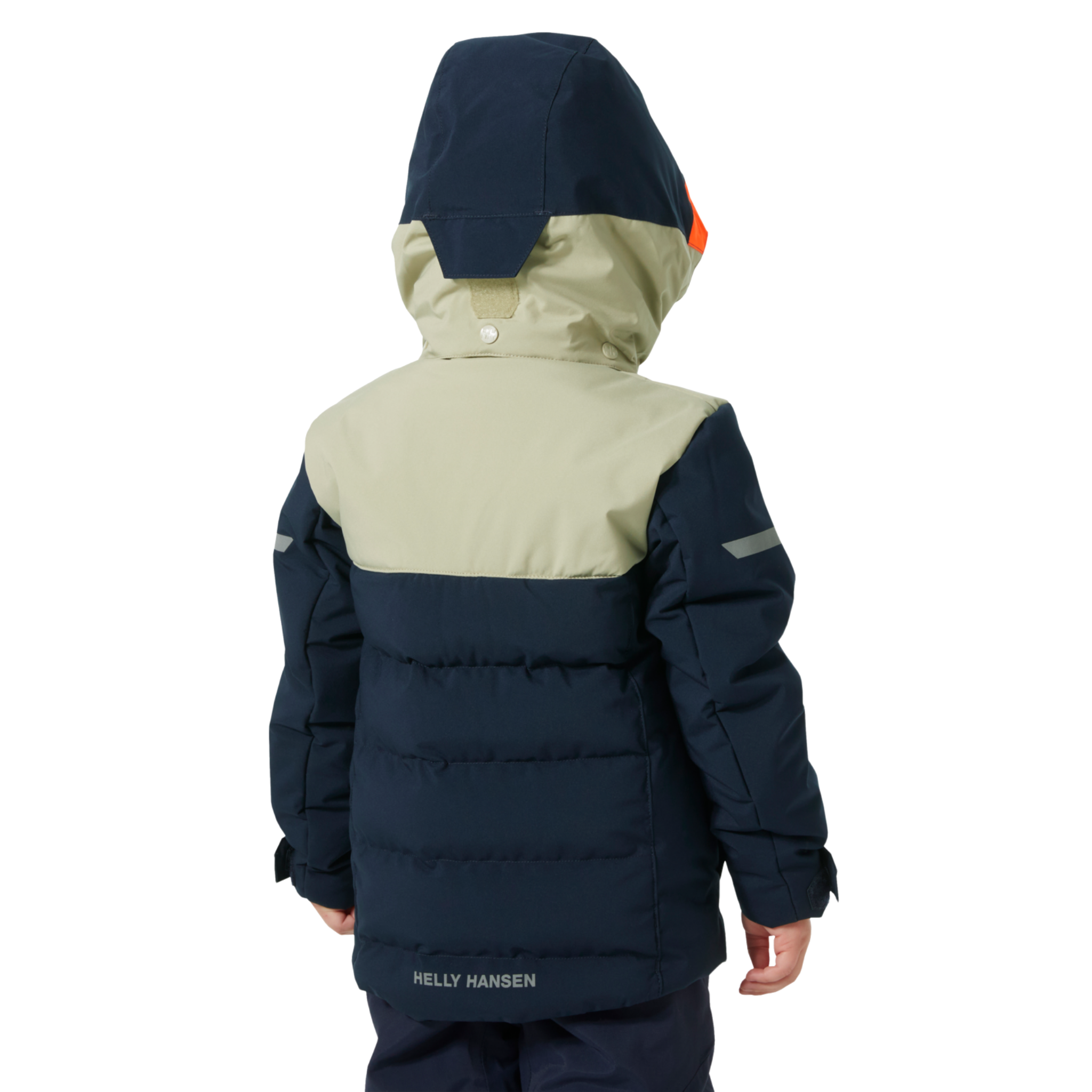 Rear view of Helly Hansen Kids Vertical Insulated Jacket with water-resistant exterior, insulated baffle construction and reflective details