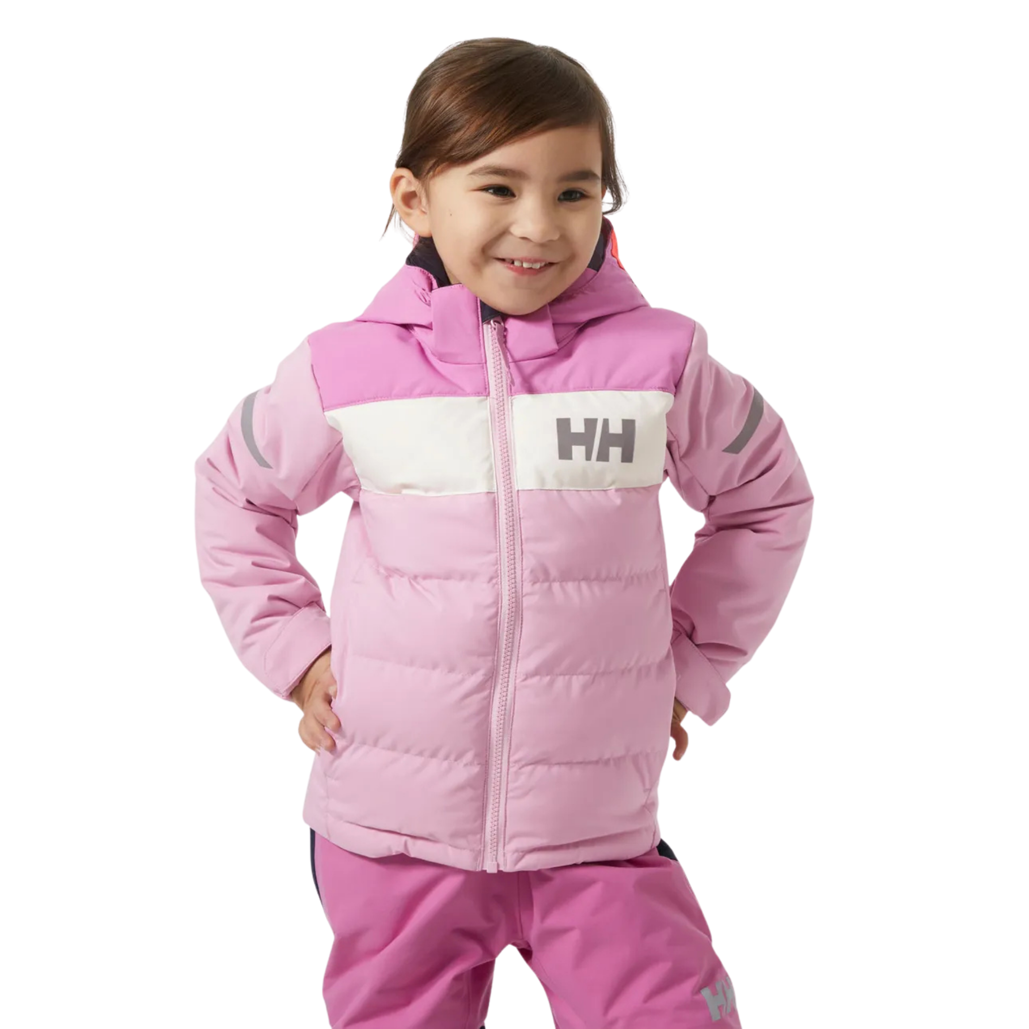 Front view of Helly Hansen Kids Vertical Insulated Jacket in Pink Lavender with 170g PrimaLoft insulation, YKK VISLON zipper and adjustable hood