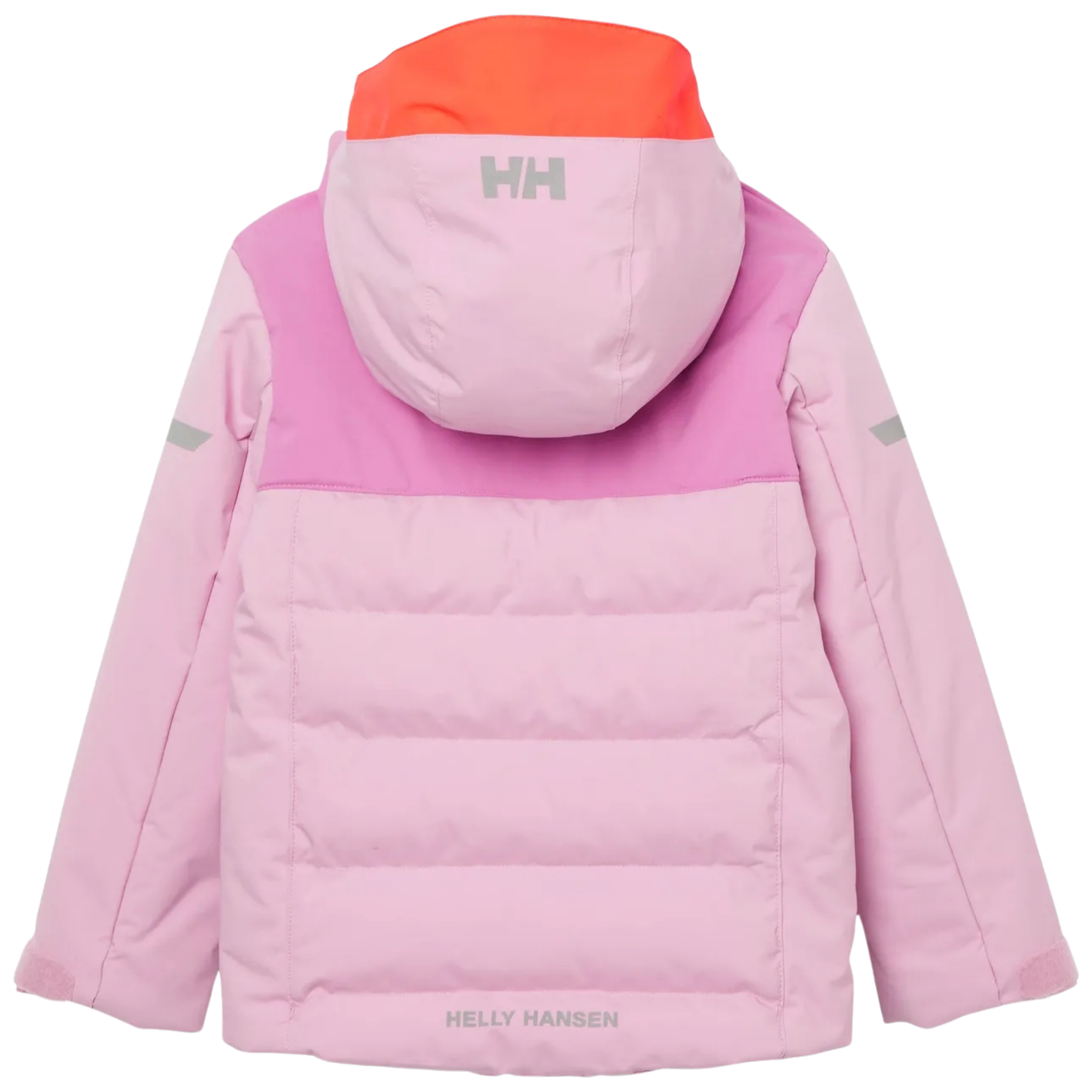 Rear view of Helly Hansen Kids Vertical Insulated Jacket in Pink Lavender with water-resistant exterior, insulated baffle construction and reflective details