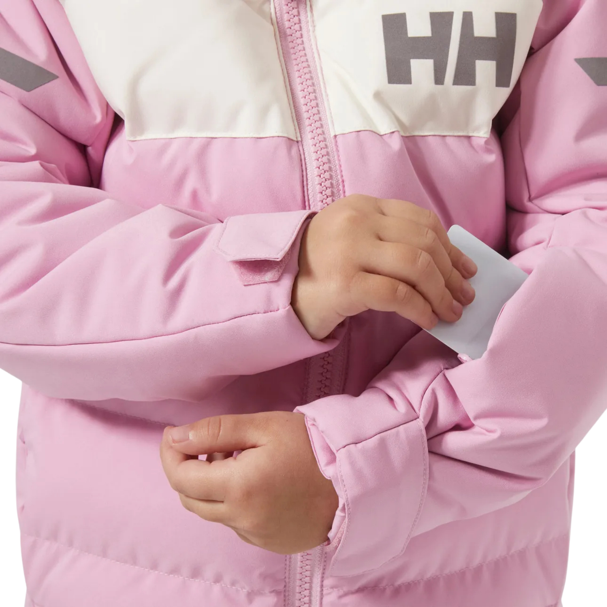 Helly Hansen Kids Vertical Insulated Jacket in Pink Lavender with ski-pass pocket detail for convenient lift access during ski and snowboard days