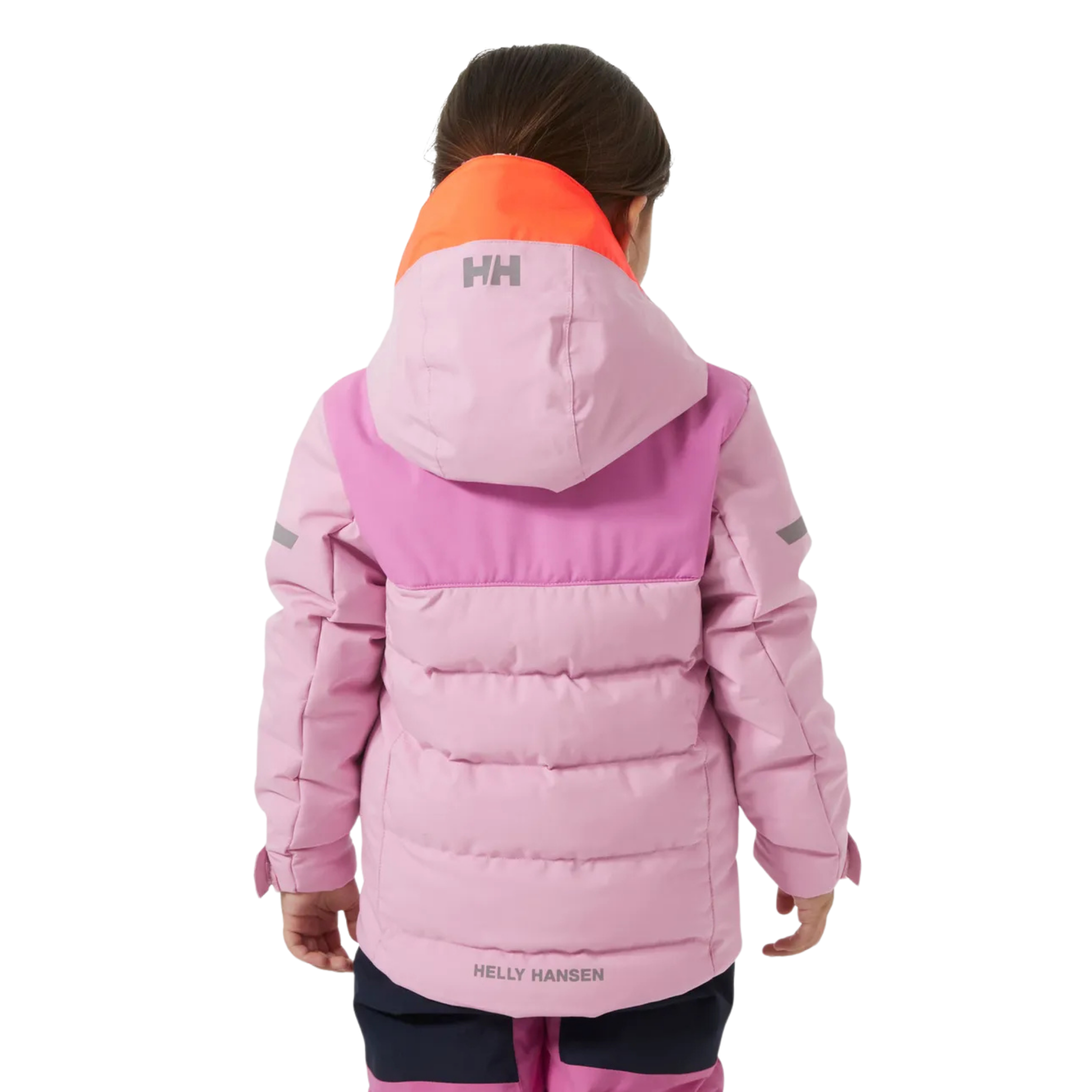 Rear view of Helly Hansen Kids Vertical Insulated Jacket with water-resistant exterior, insulated baffle construction and reflective details