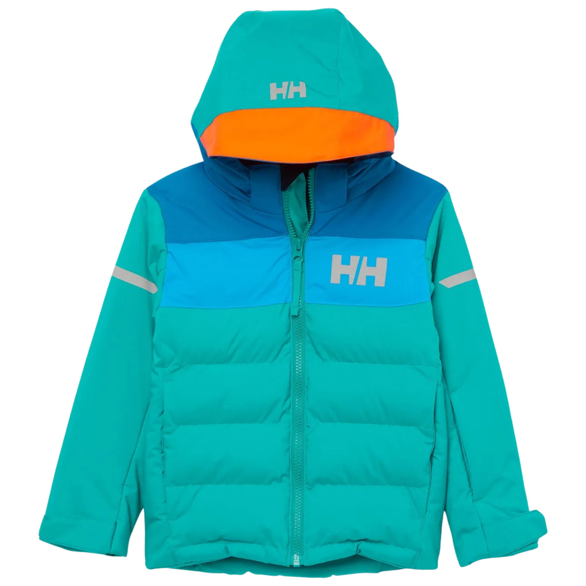 Helly Hansen Kids Vertical Insulated Jacket in Signal Green with 170g PrimaLoft BLACK insulation, water-resistant exterior and powder skirt