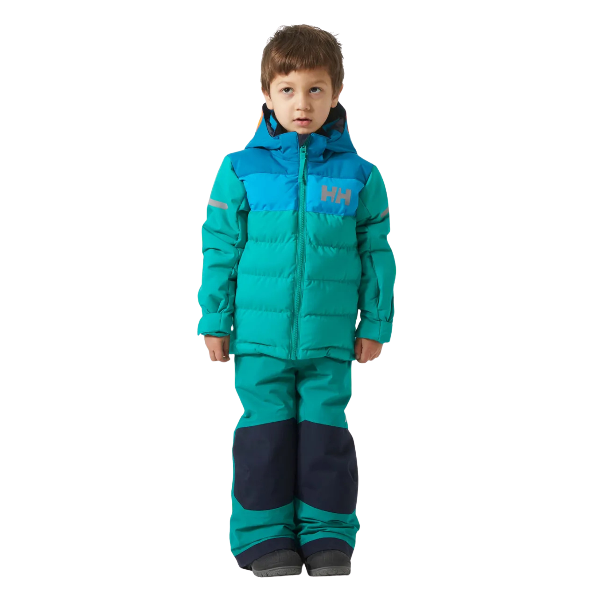 Front view of Helly Hansen Kids Vertical Insulated Jacket in Signal Green with 170g PrimaLoft insulation, YKK VISLON zipper and adjustable hood