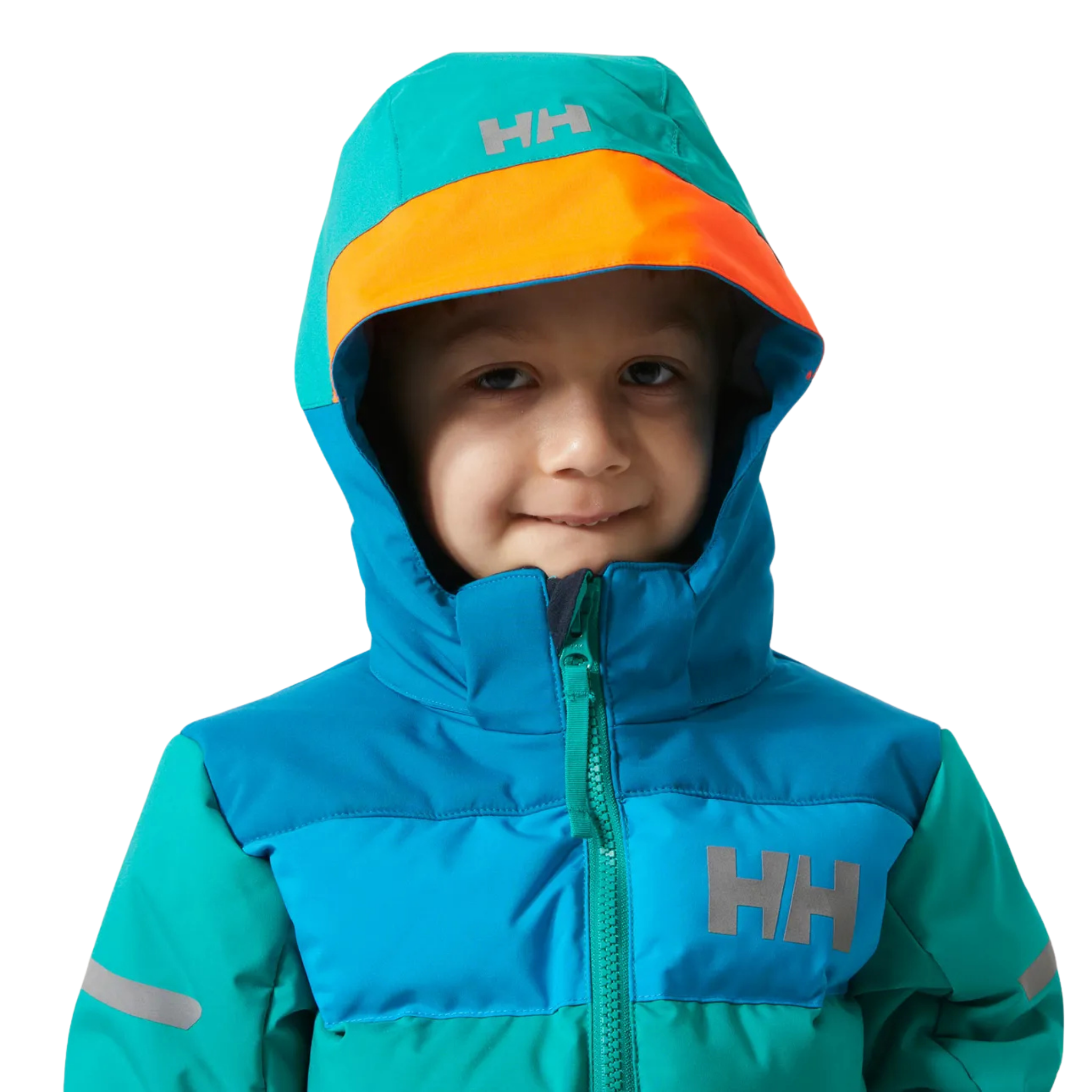 Helly Hansen Kids Vertical Insulated Jacket in Signal Green with adjustable detachable hood and neon brim for added visibility on the mountain