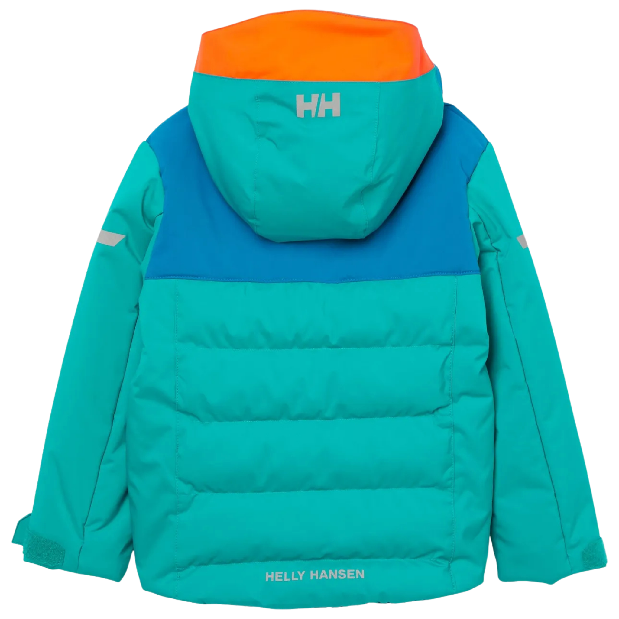 Rear view of Helly Hansen Kids Vertical Insulated Jacket in Signal Green with water-resistant exterior, insulated baffle construction and reflective details