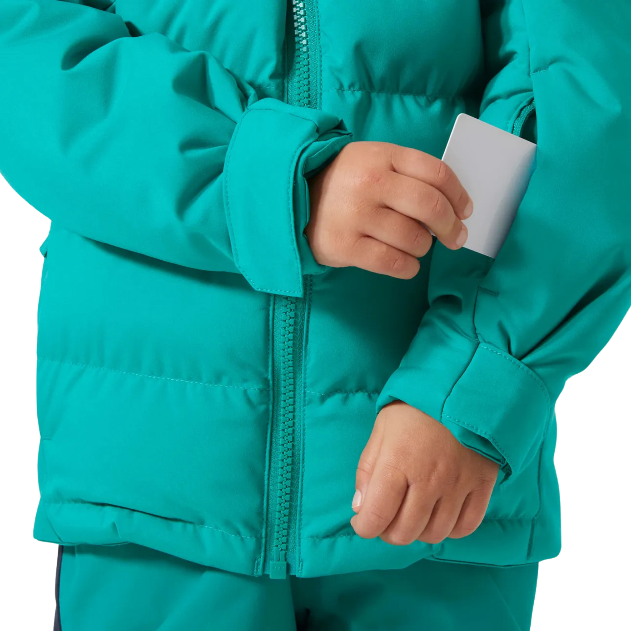 Helly Hansen Kids Vertical Insulated Jacket in Signal Green with ski-pass pocket detail for convenient lift access during ski and snowboard days