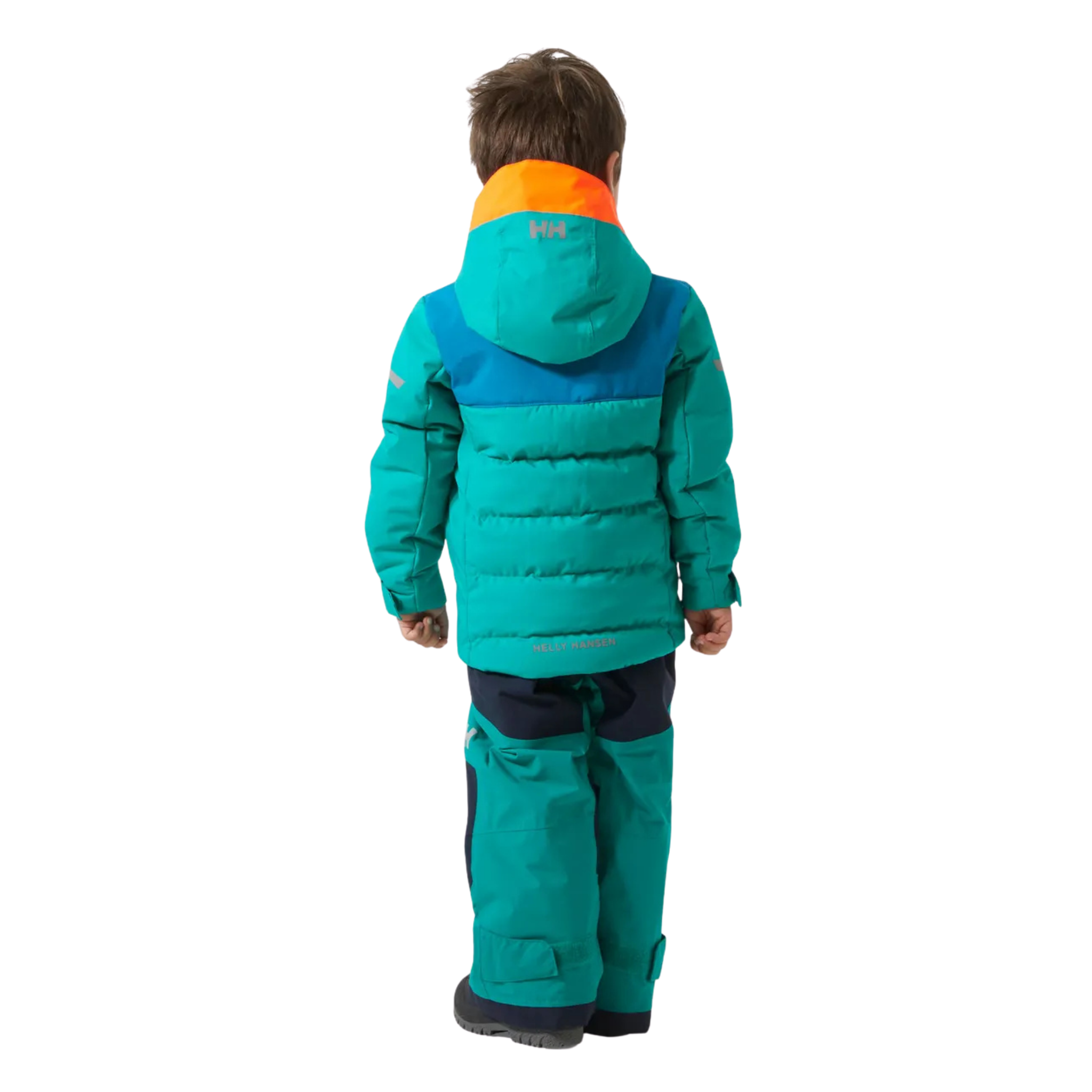 Rear view of Helly Hansen Kids Vertical Insulated Jacket with water-resistant exterior, insulated baffle construction and reflective details