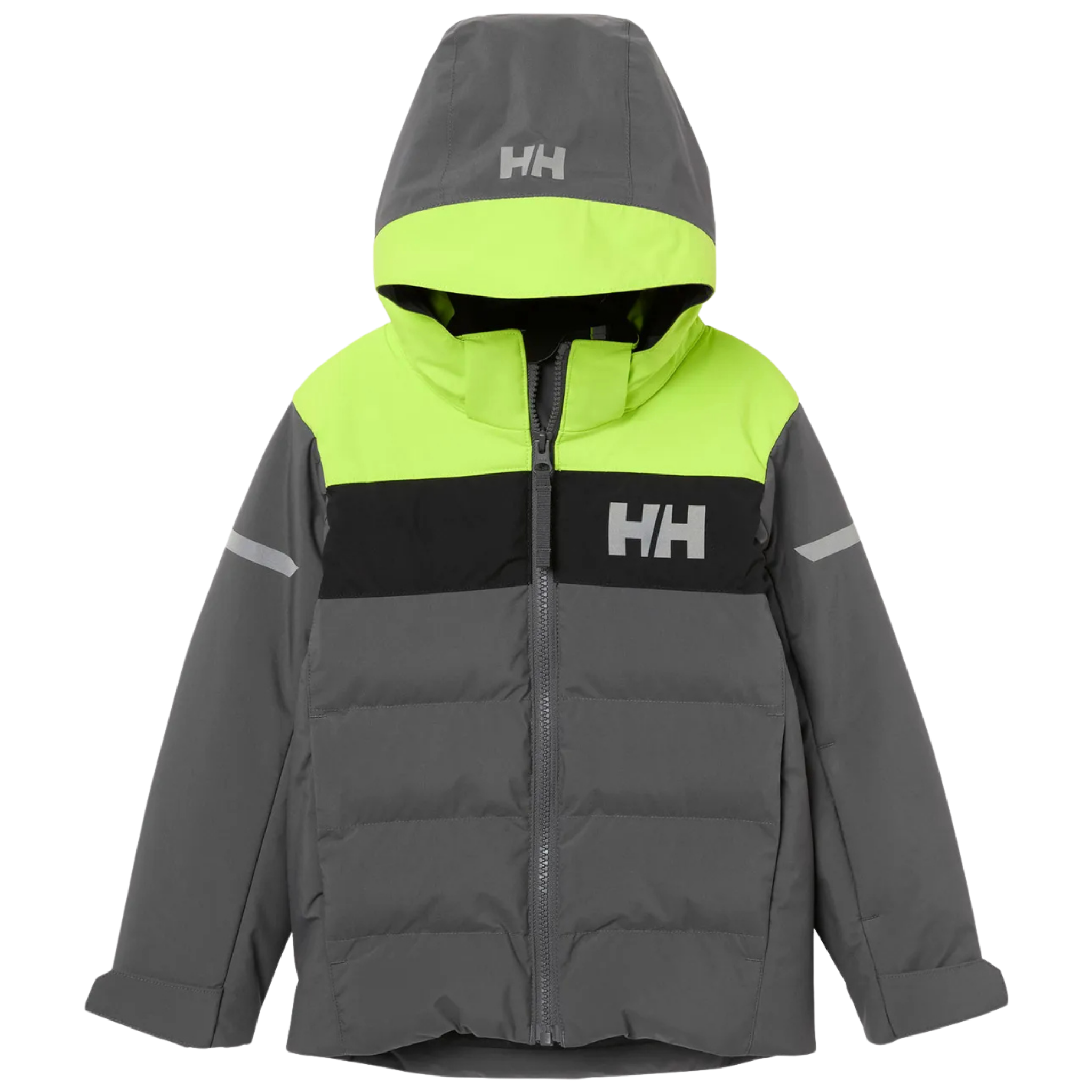 Helly Hansen Kids Vertical Insulated Jacket in Thunder Grey with 170g PrimaLoft BLACK insulation, water-resistant exterior and powder skirt