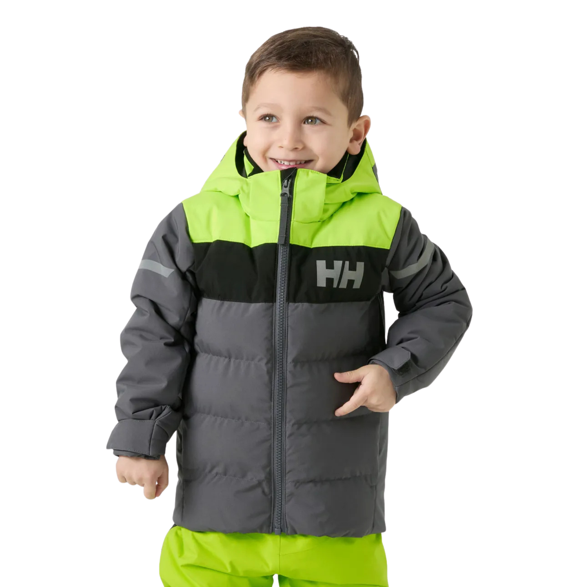 Front view of Helly Hansen Kids Vertical Insulated Jacket in Thunder Grey with 170g PrimaLoft insulation, YKK VISLON zipper and adjustable hood