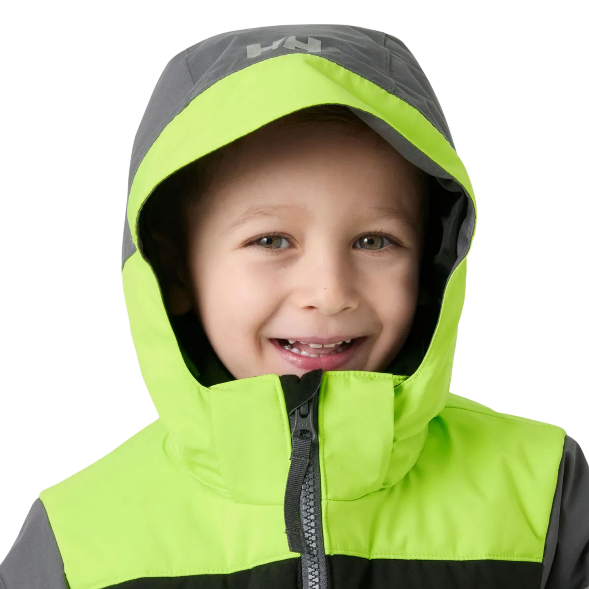 Helly Hansen Kids Vertical Insulated Jacket in Thunder Grey with adjustable detachable hood and neon brim for added visibility on the mountain