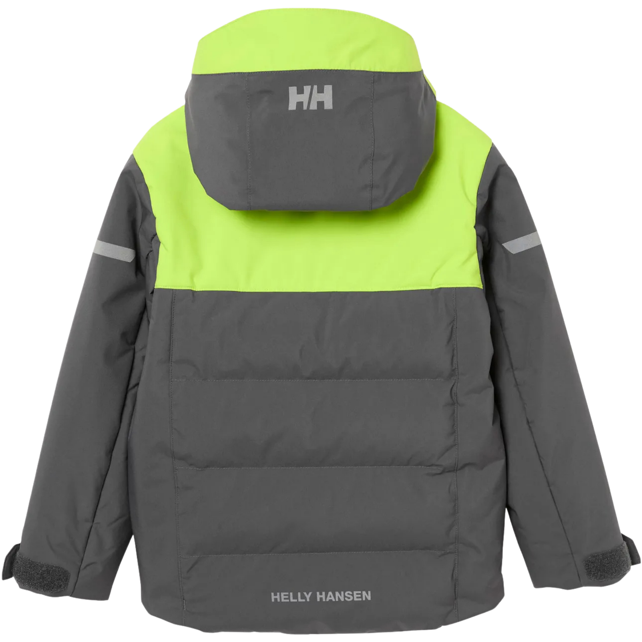 Rear view of Helly Hansen Kids Vertical Insulated Jacket in Thunder Grey with water-resistant exterior, insulated baffle construction and reflective details