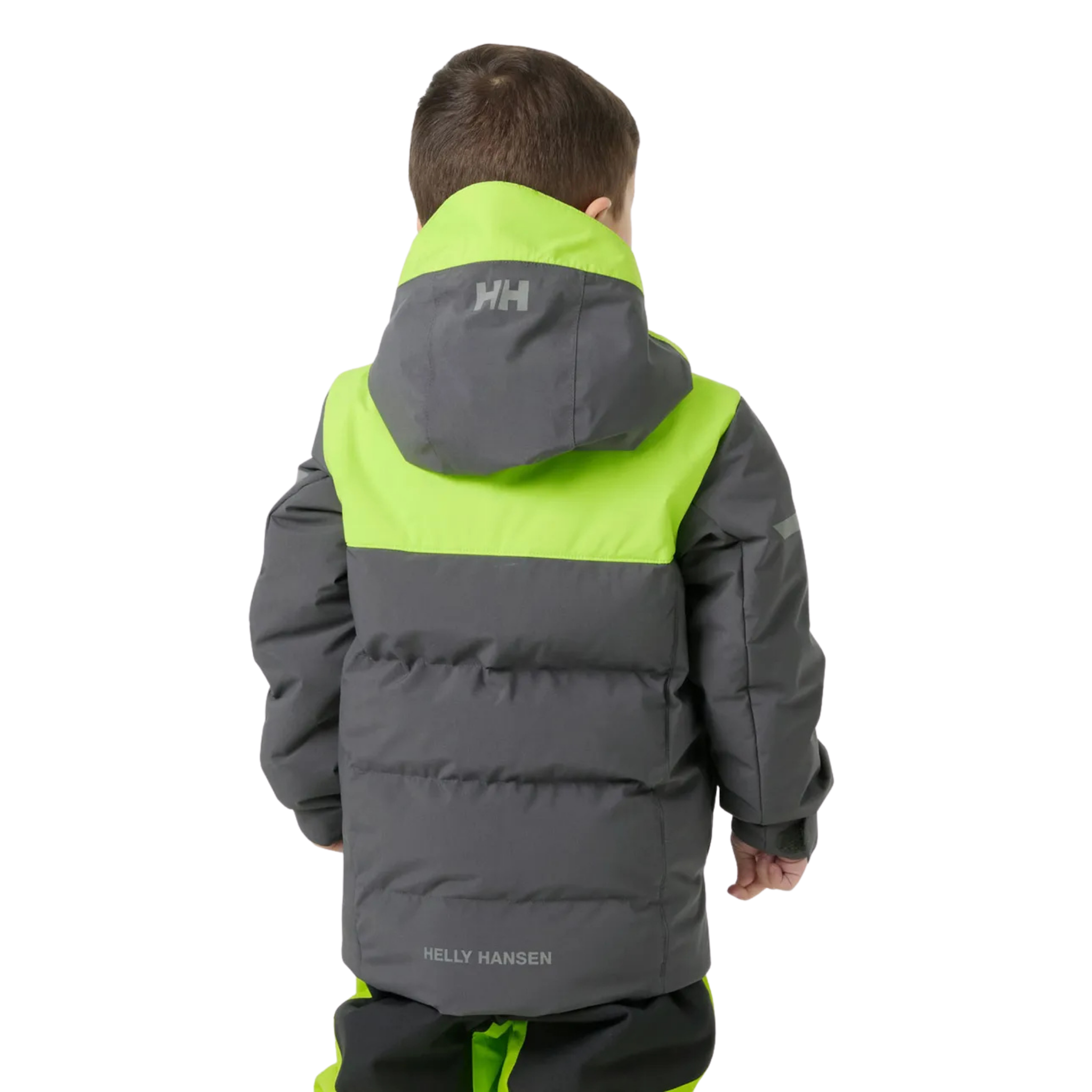 Rear view of Helly Hansen Kids Vertical Insulated Jacket with water-resistant exterior, insulated baffle construction and reflective details