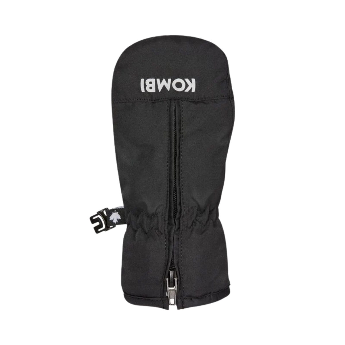 Side view of Kombi Adorable Stay On Infant Mitt in Black with thumb-free construction, full-length zipper and waterproof protection