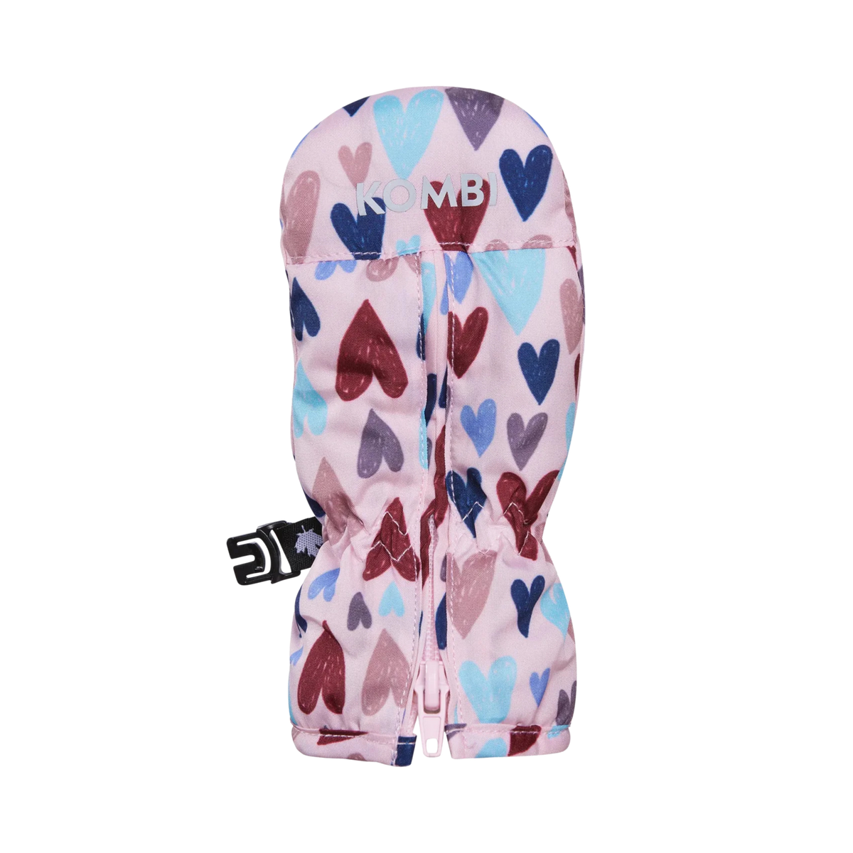 Kombi Adorable Stay On Infant Mitt in Doodle Hearts design with ULTRALOFT insulation, waterproof membrane, ACCU-DRI lining and thumb-free baby design