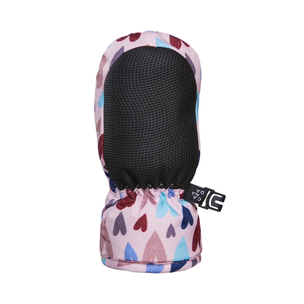 Palm view of Kombi Adorable Stay On Infant Mitt in Doodle Hearts design with durable water-resistant textured synthetic leather palm