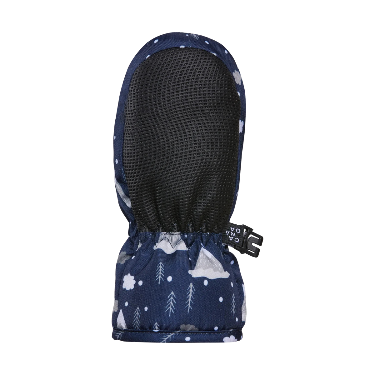 Palm view of Kombi Adorable Stay On Infant Mitt in Misty Mountains design with durable water-resistant textured synthetic leather palm