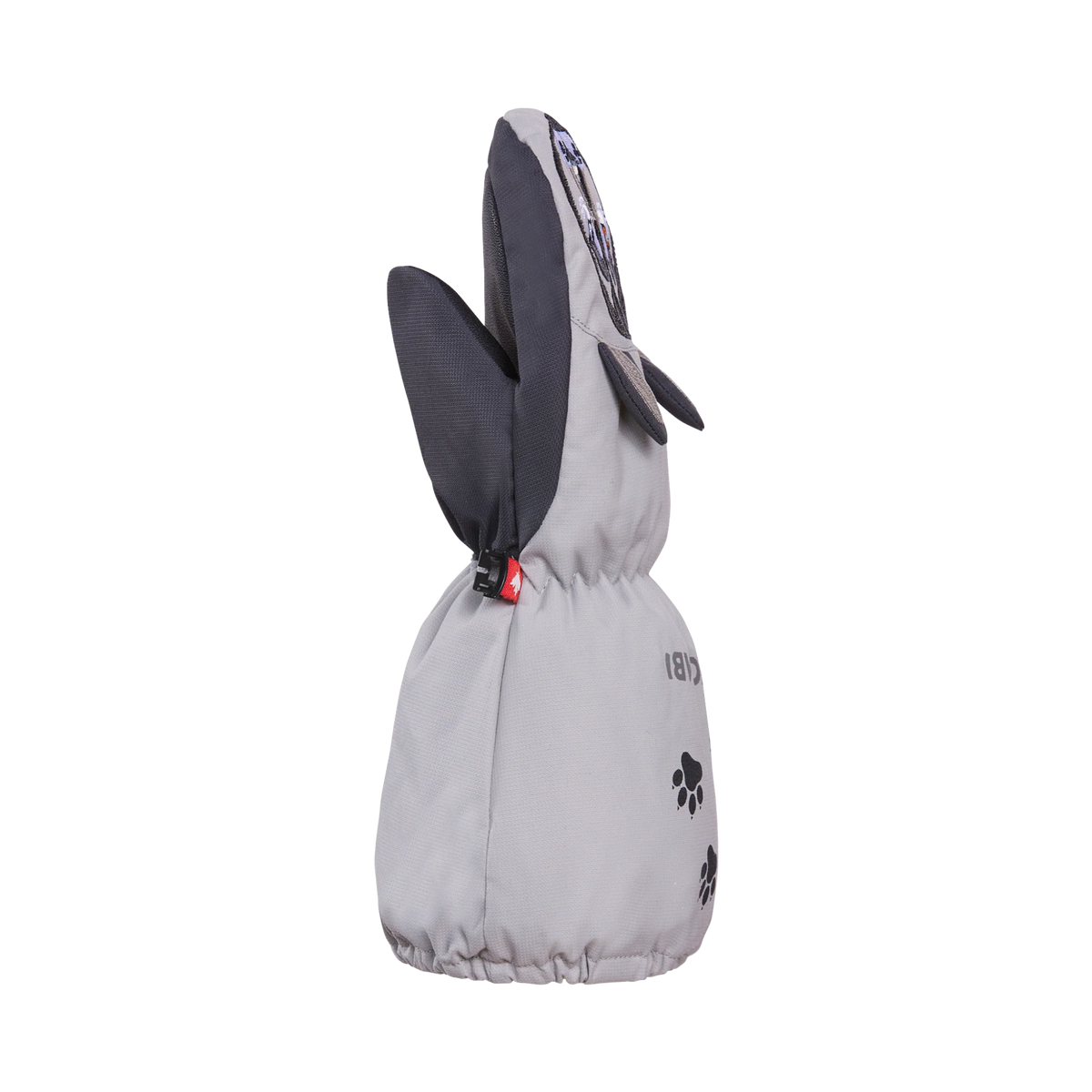 Side view of Kombi Animal Family Children Mitt in Cory the Husky design, showing insulated construction and extended storm cuff for winter protection