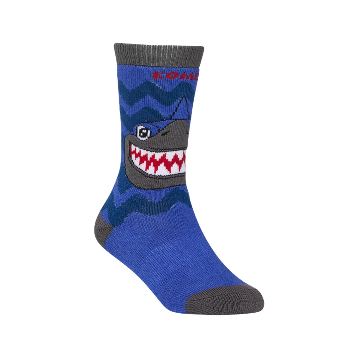 Kombi Animal Family Kids Socks in Sean the Shark design with heavyweight cushioning, over-the-calf coverage, arch support and reinforced heel and toe