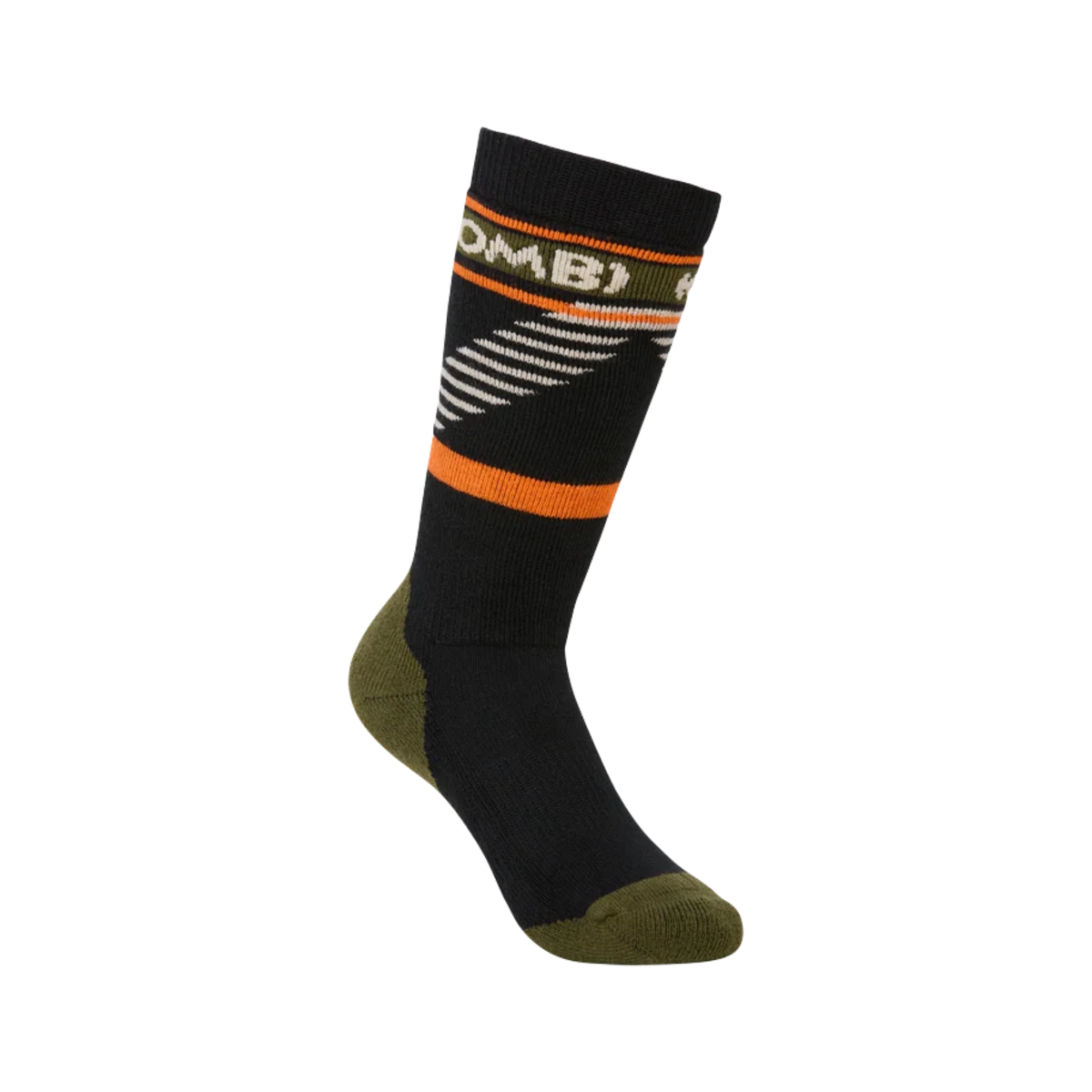 Kombi Ascent Junior Sock in Black with 25% Merino wool, heavy cushioning, over-the-calf coverage and reinforced heel and toe for kids skiing