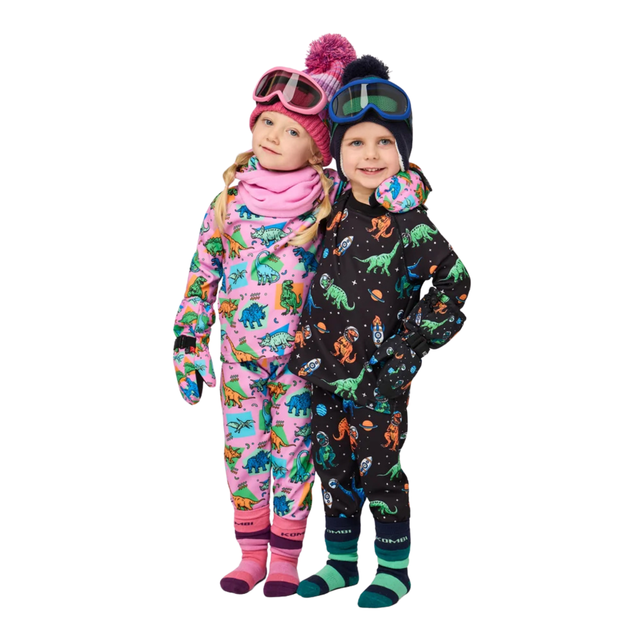 Child wearing Kombi B3 Velvet Fleece Set with heavyweight velour-lined fleece as a warm base layer for a winter day in Whistler