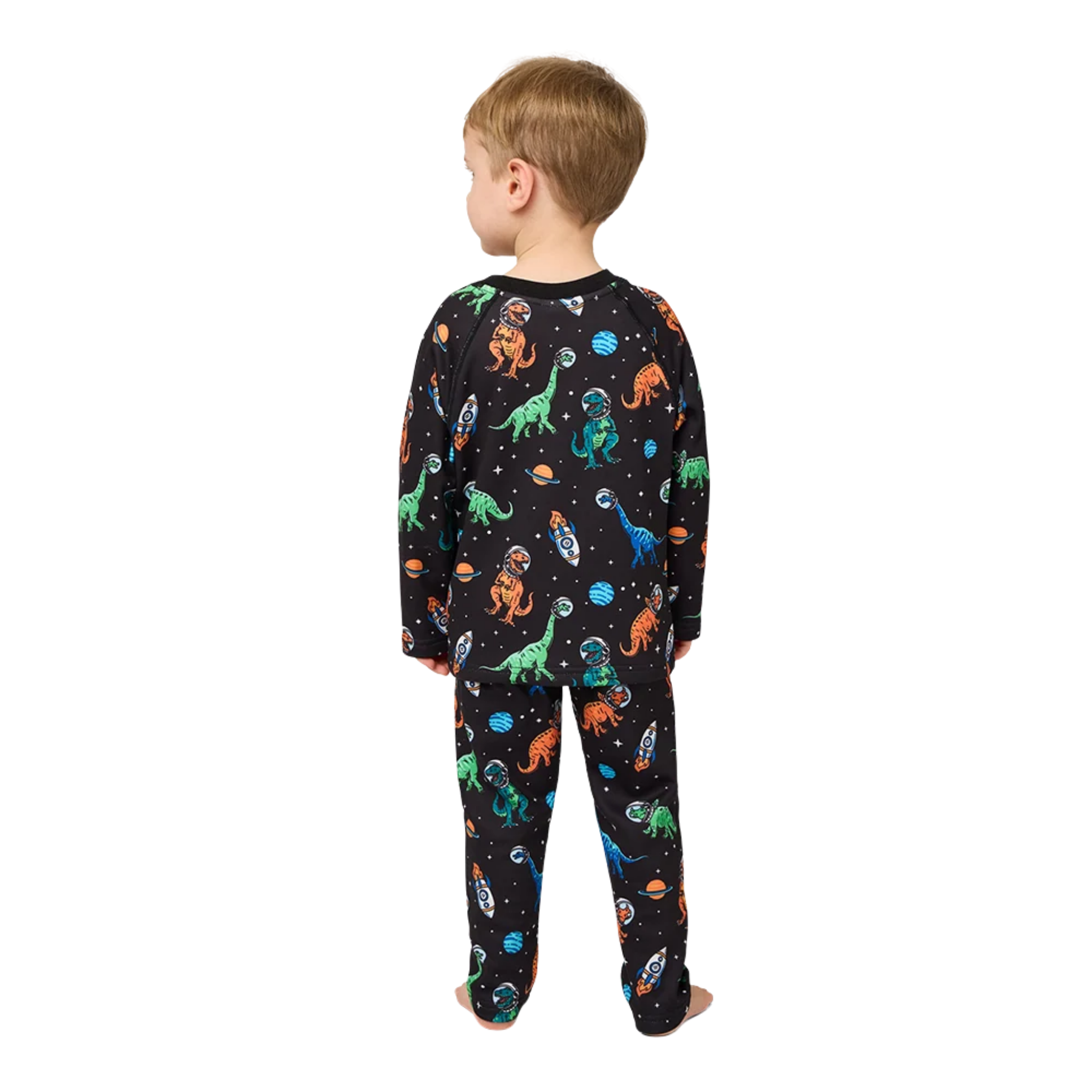 Rear view of Kombi B3 Velvet Fleece Set in Astro Dino design with matching thermal top and pants, plush velour-lined fleece and flexible stretch construction