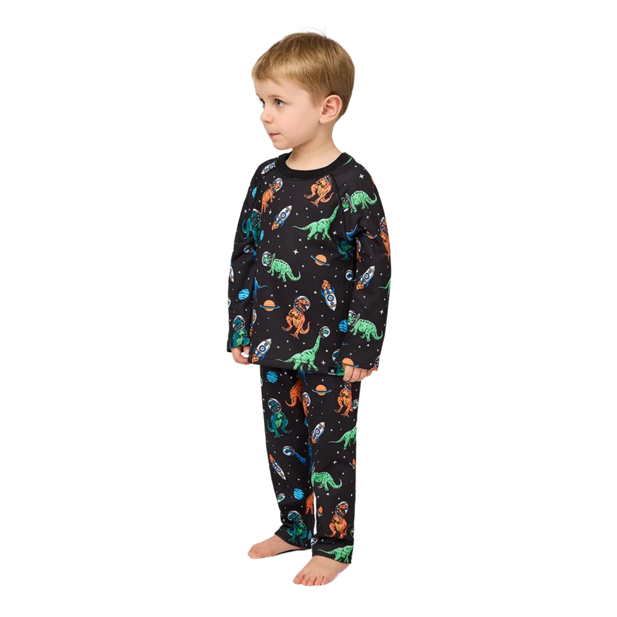 Side view of Kombi B3 Velvet Fleece Set in Astro Dino design with 240 g/m² heavyweight velour-lined fleece, regular fit and flexible stretch construction
