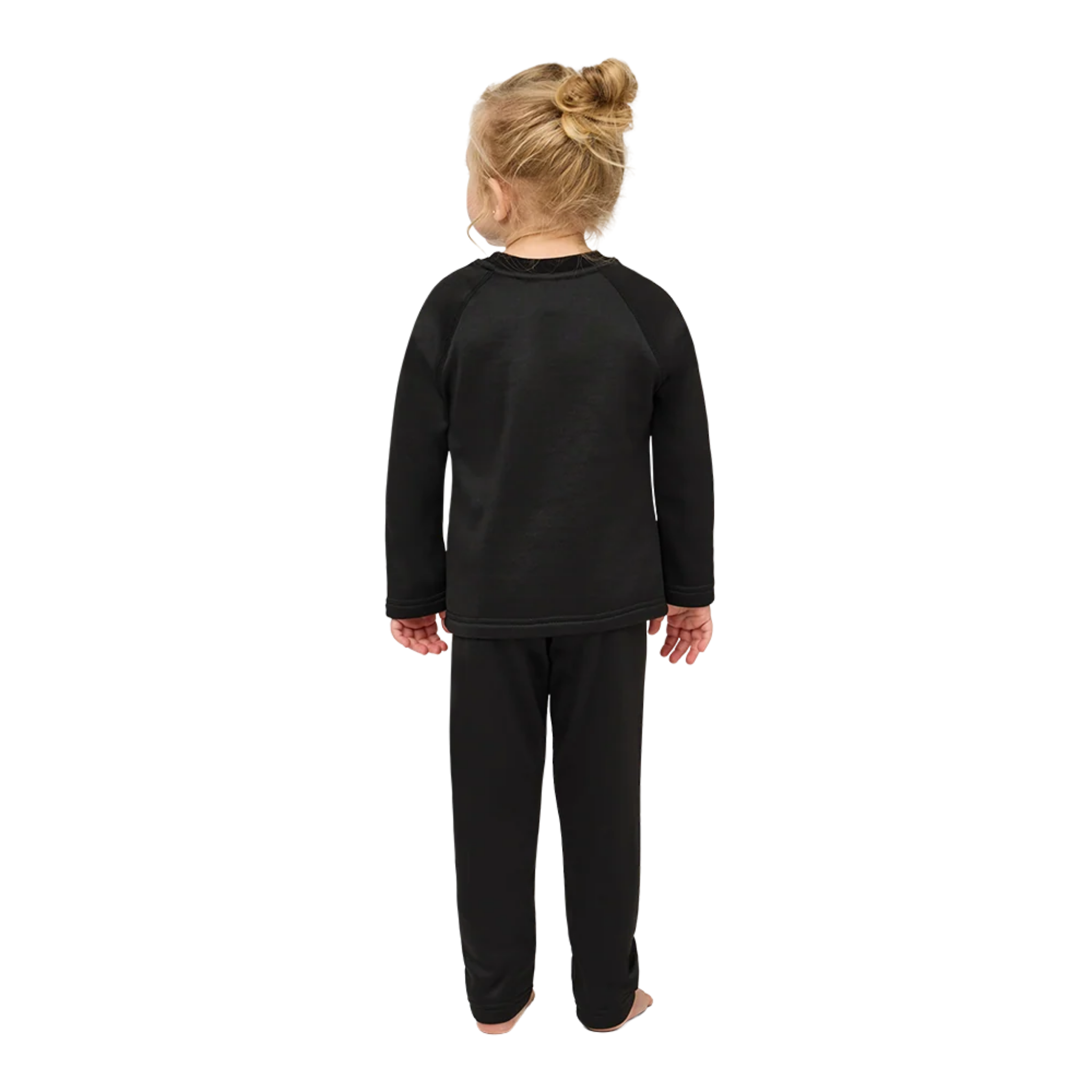 Rear view of Kombi B3 Velvet Fleece Set in Black with matching thermal top and pants, plush velour-lined fleece and flexible stretch construction