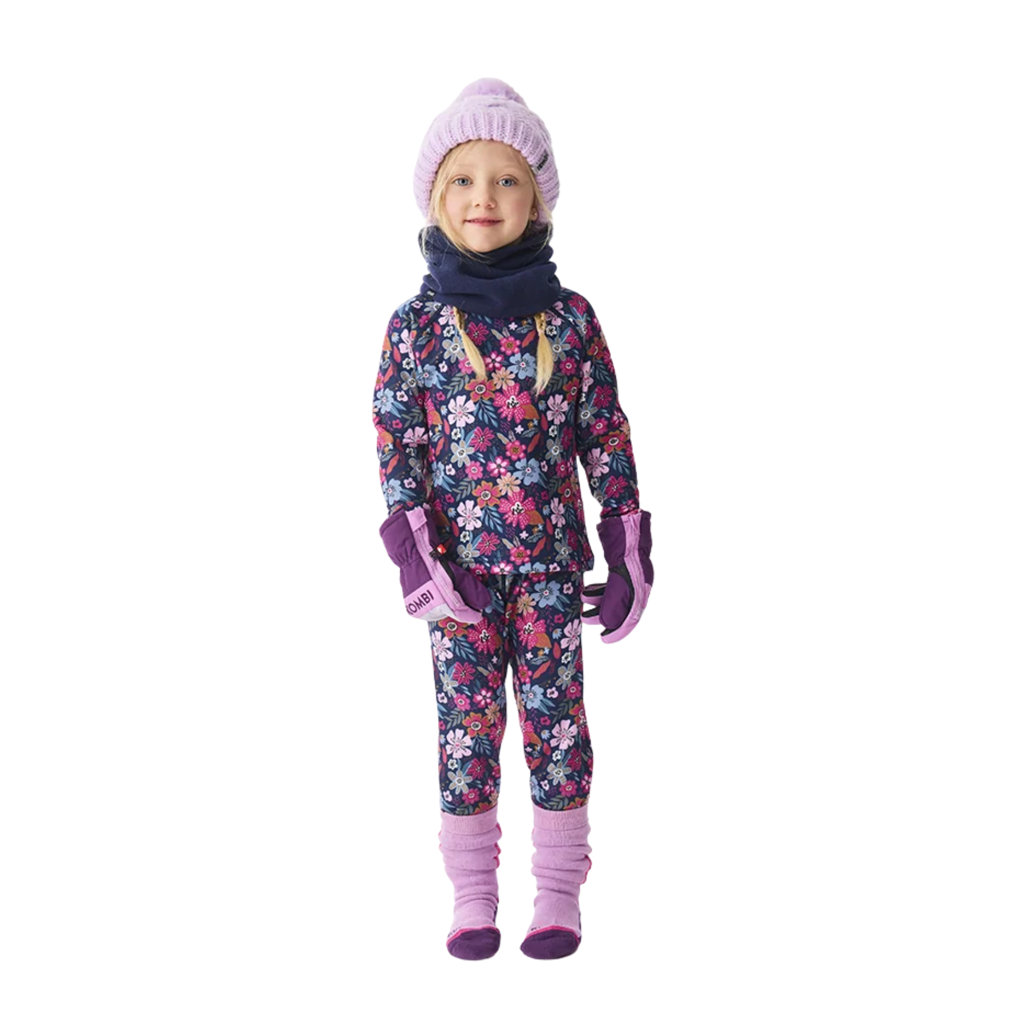 Front view of Kombi B3 Velvet Fleece Set in Flower Blossom design with matching thermal top and pants, 240 g/m² heavyweight velour-lined fleece and regular fit