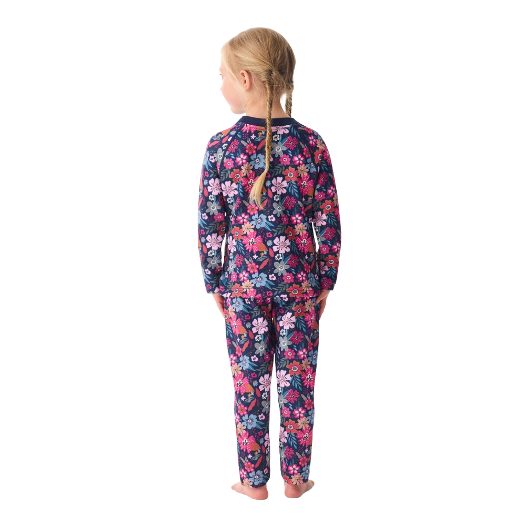 Rear view of Kombi B3 Velvet Fleece Set in Flower Blossom design with matching thermal top and pants, plush velour-lined fleece and flexible stretch construction