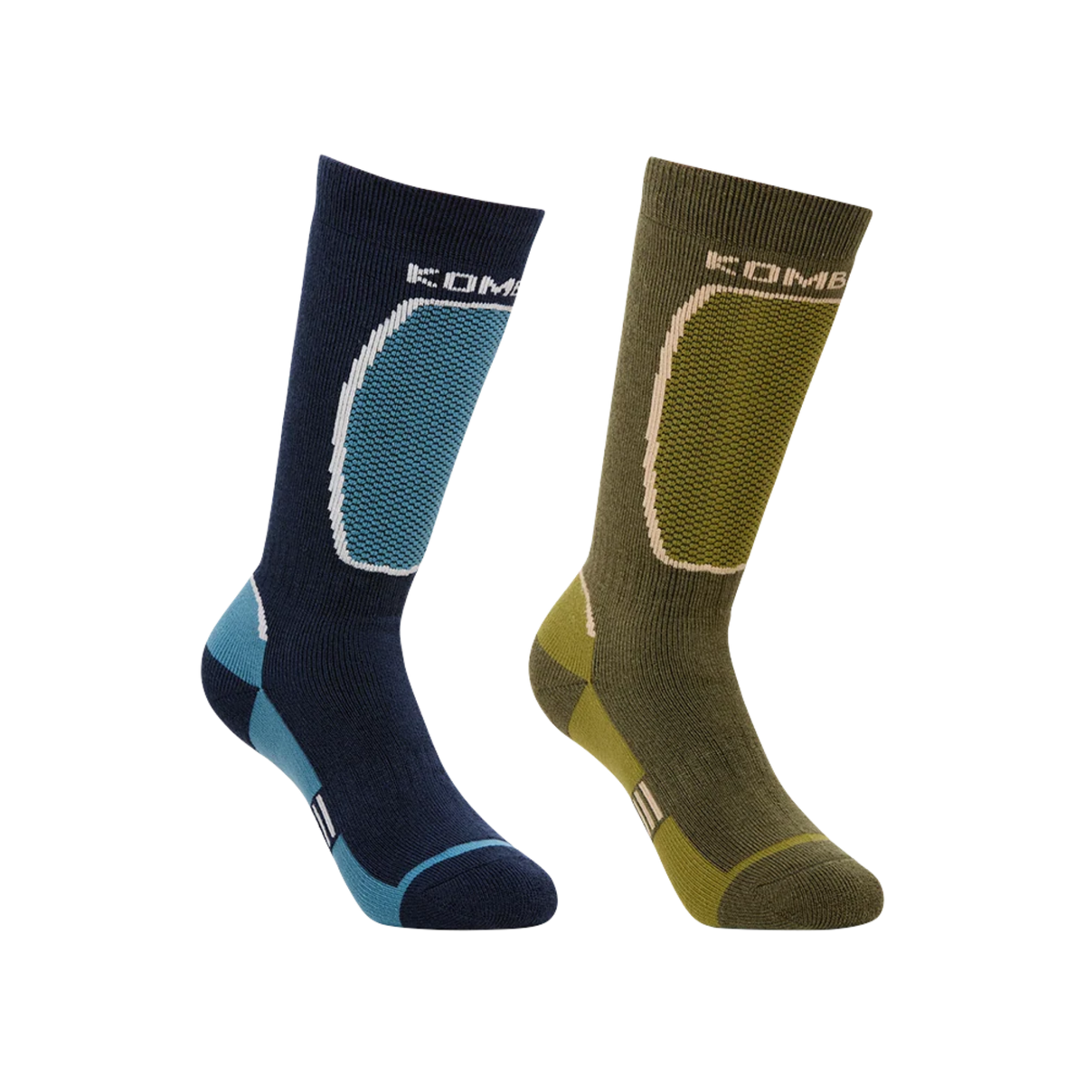 Kombi Brave Twin Pack Children Sock in Mallard Blue with two pairs of midweight over-the-calf ski socks featuring hybrid cushioning and breathable mesh panels
