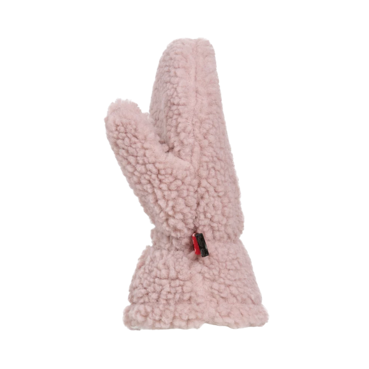 Side view of Kombi Camila Children Mitt in Pale Mauve showing plush faux-shearling construction and protective winter coverage