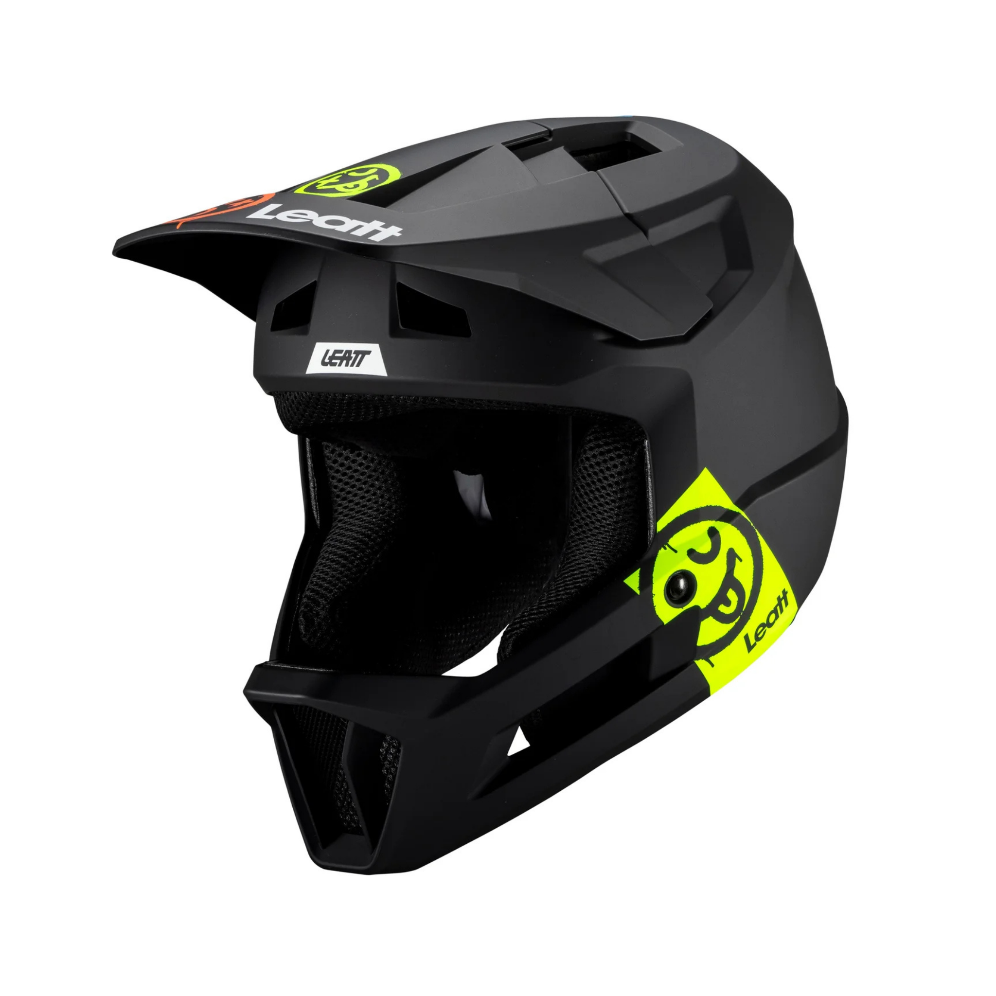 Front view of Leatt Gravity 1.0 Junior full face mountain bike helmet in Black with downhill-certified protection