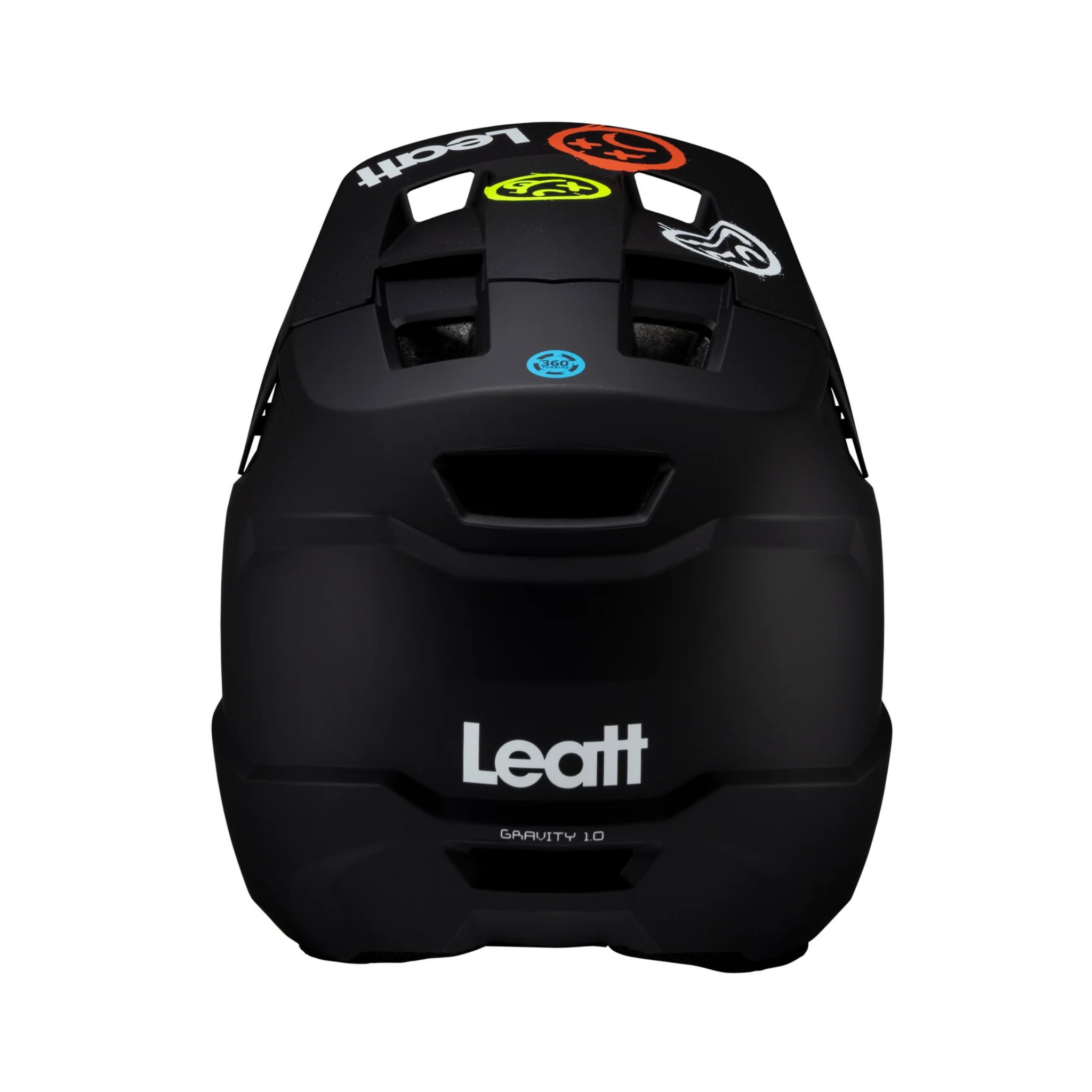 Rear view of Leatt Gravity 1.0 Junior full face helmet in Black with large ventilation ports