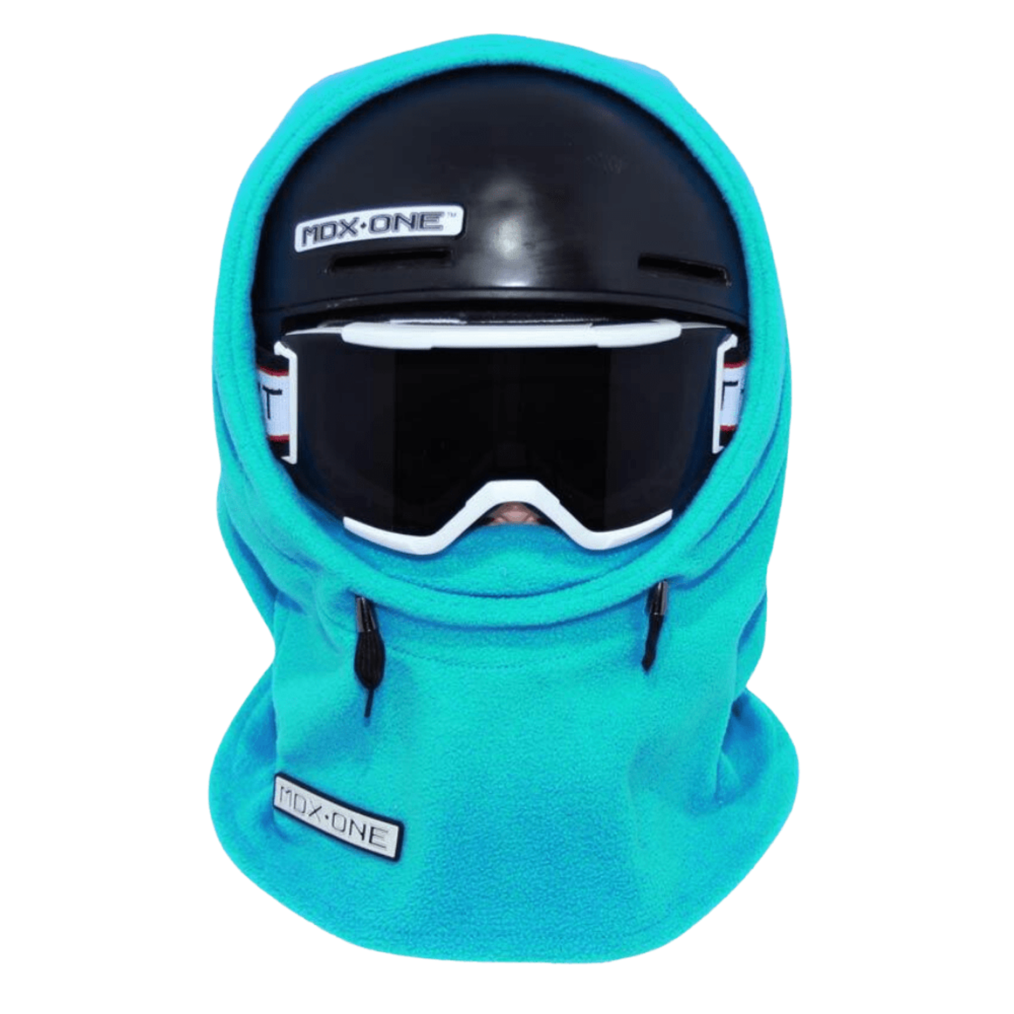 MDX One Over the Helmet Balaclava in Aqua with double-layered plush fleece, stretchy helmet-friendly fit and full head, neck and face coverage