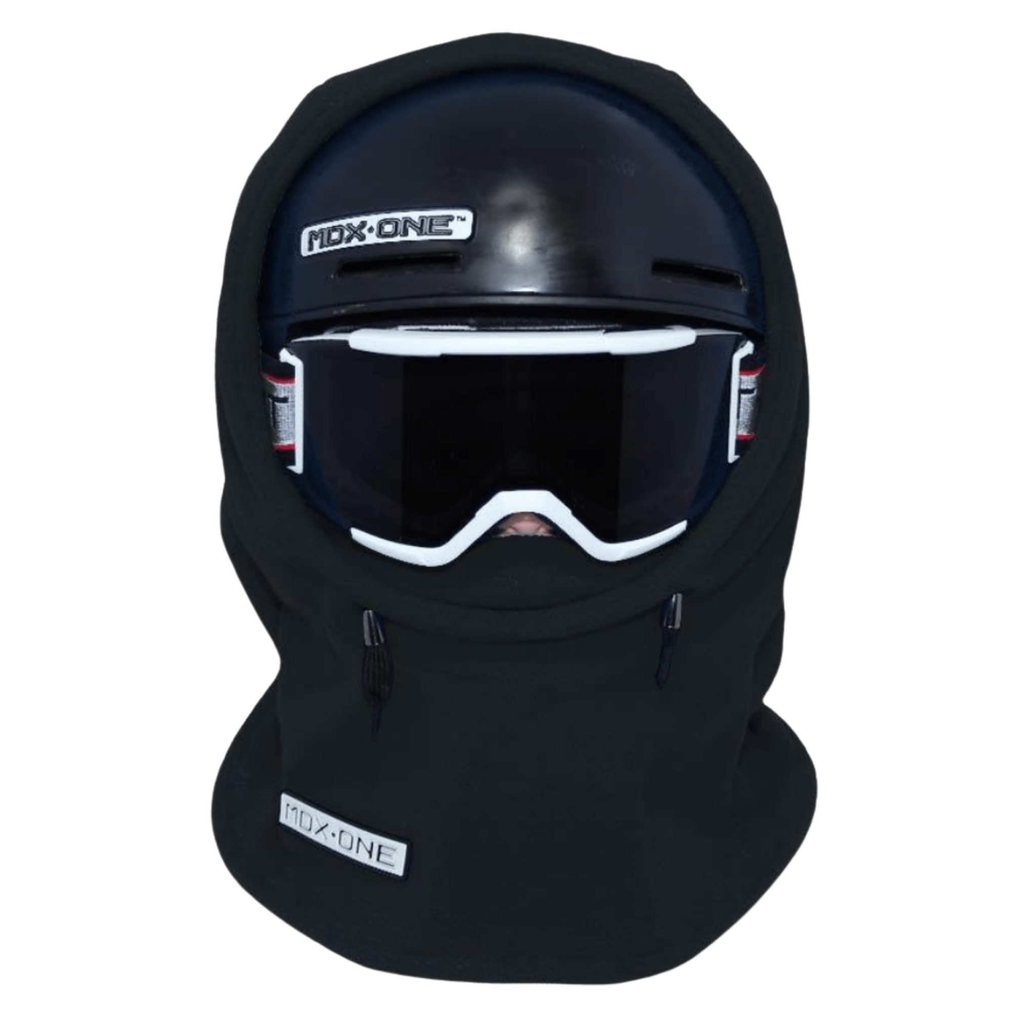 MDX One Over the Helmet Balaclava in Black with double-layered plush fleece, stretchy helmet-friendly fit and full head, neck and face coverage