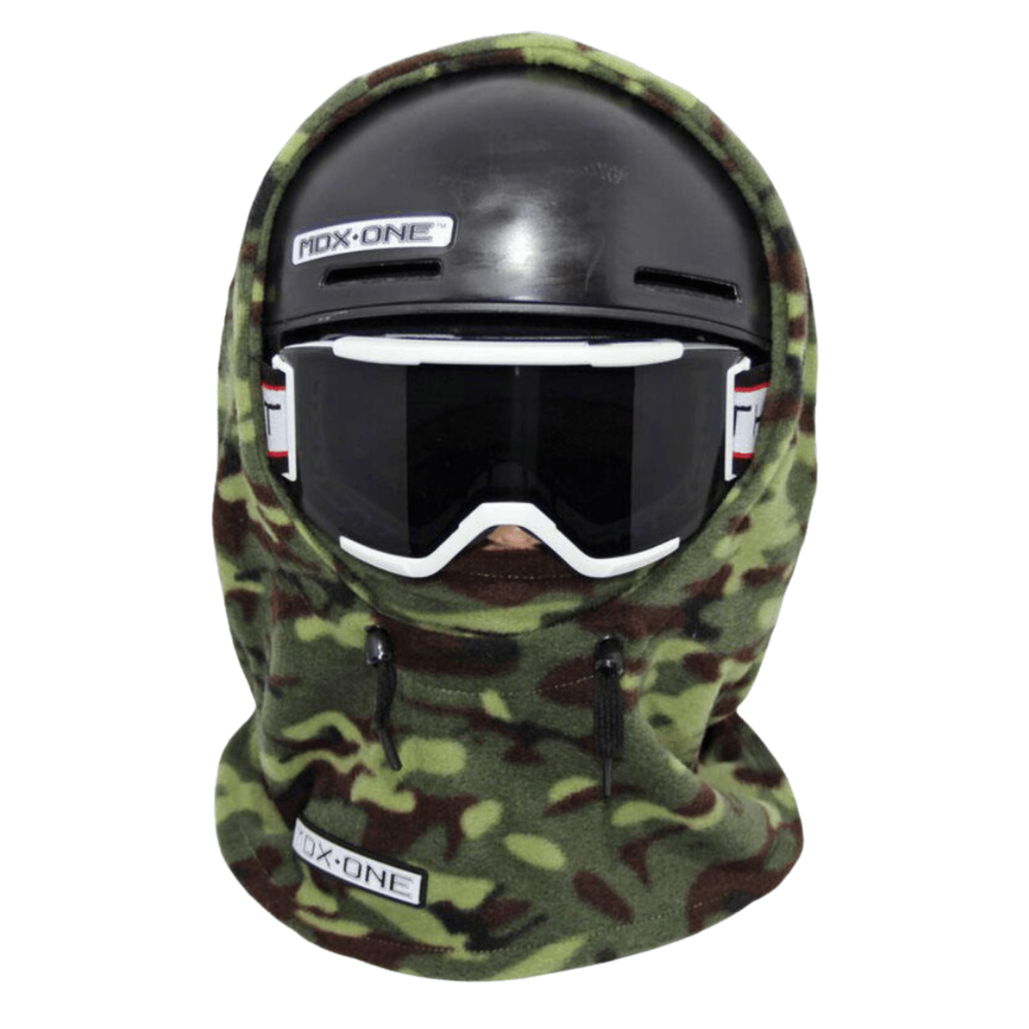 MDX One Over the Helmet Balaclava in Camo design with double-layered plush fleece, stretchy helmet-friendly fit and full head, neck and face coverage