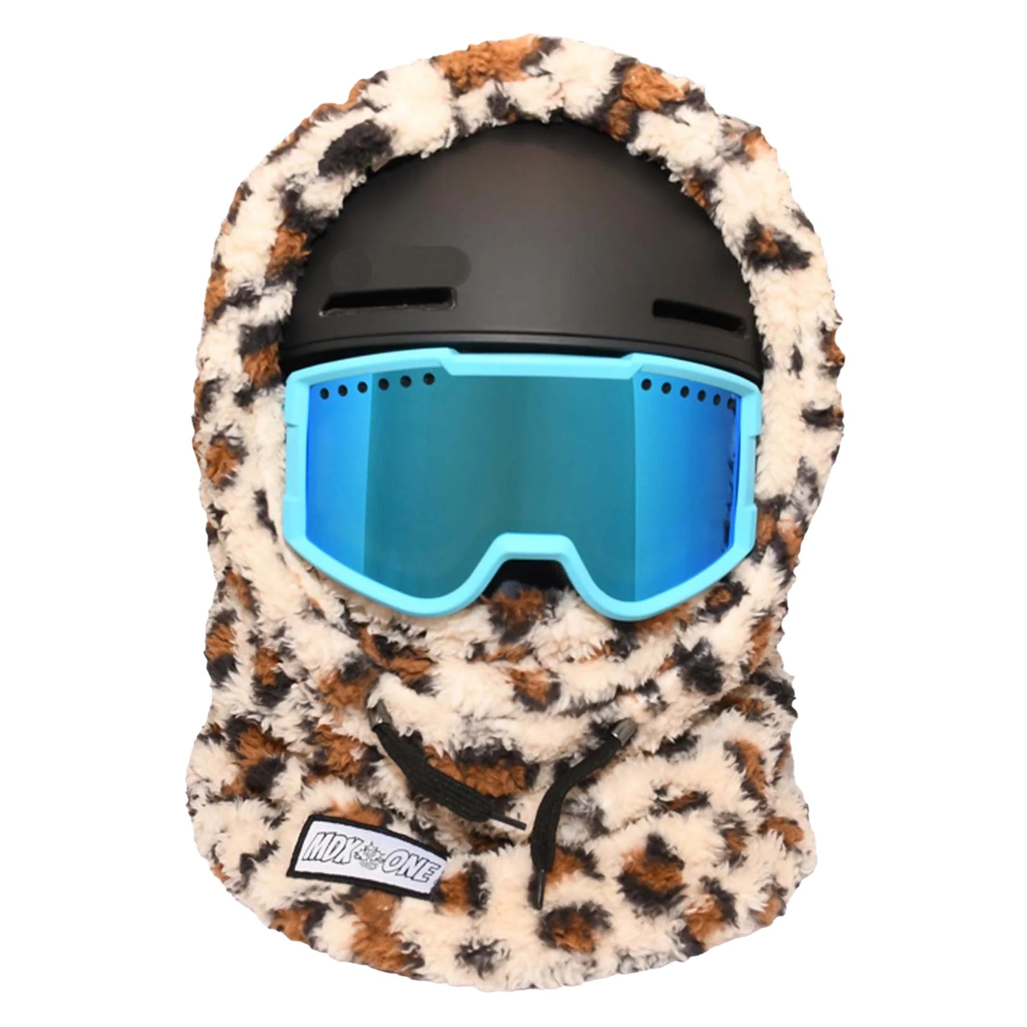 MDX One Over the Helmet Balaclava in Jaguar design with double-layered plush fleece, stretchy helmet-friendly fit and full head, neck and face coverage