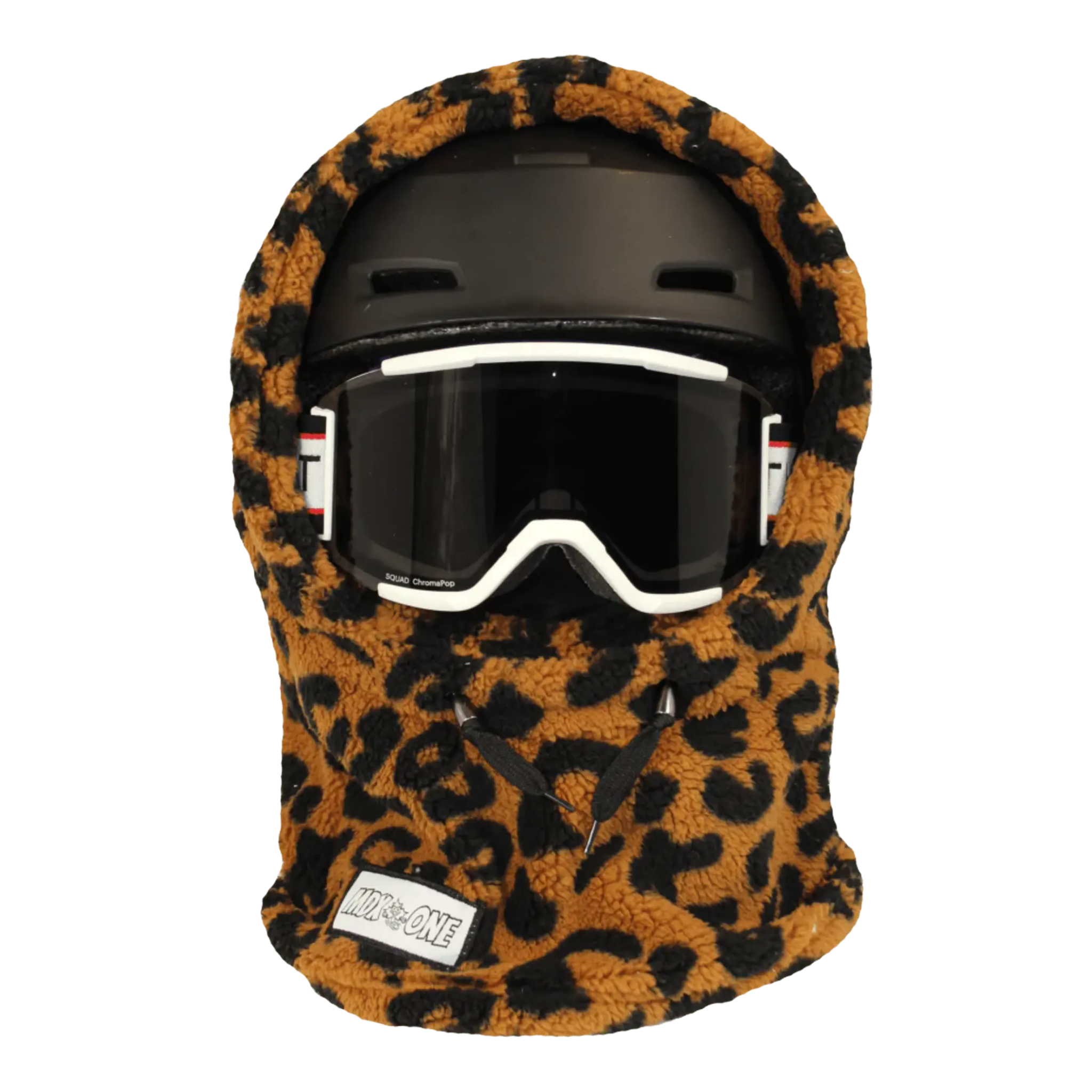 MDX One Over the Helmet Balaclava in Leopard design with double-layered plush fleece, stretchy helmet-friendly fit and full head, neck and face coverage